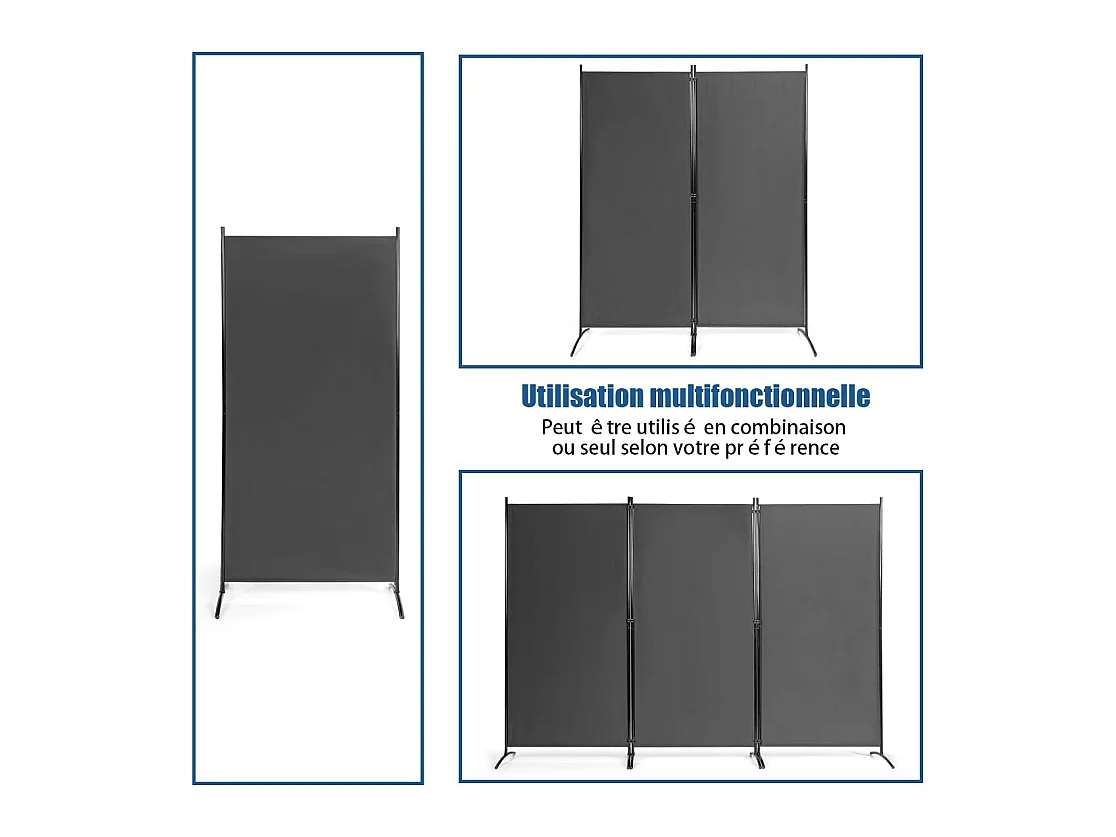 Cloison à 3 Panneaux, Paravent Pliable avec Charnières Résistantes en Acier, Cloison Autoportante, pour Maison, Bureau, Salle de Bain etc, 260x 183cm (Gris foncé)