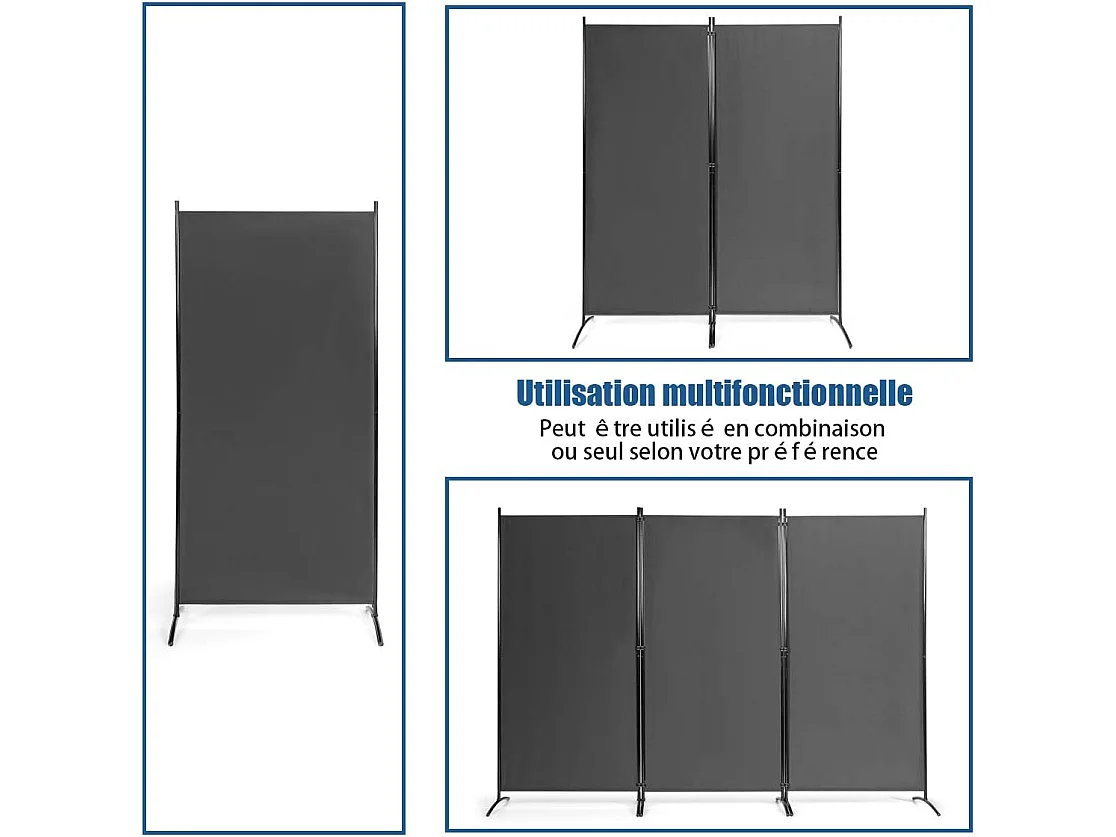 Cloison à 3 Panneaux, Paravent Pliable avec Charnières Résistantes en Acier, Cloison Autoportante, pour Maison, Bureau, Salle de Bain etc, 260x 183cm (Gris foncé)