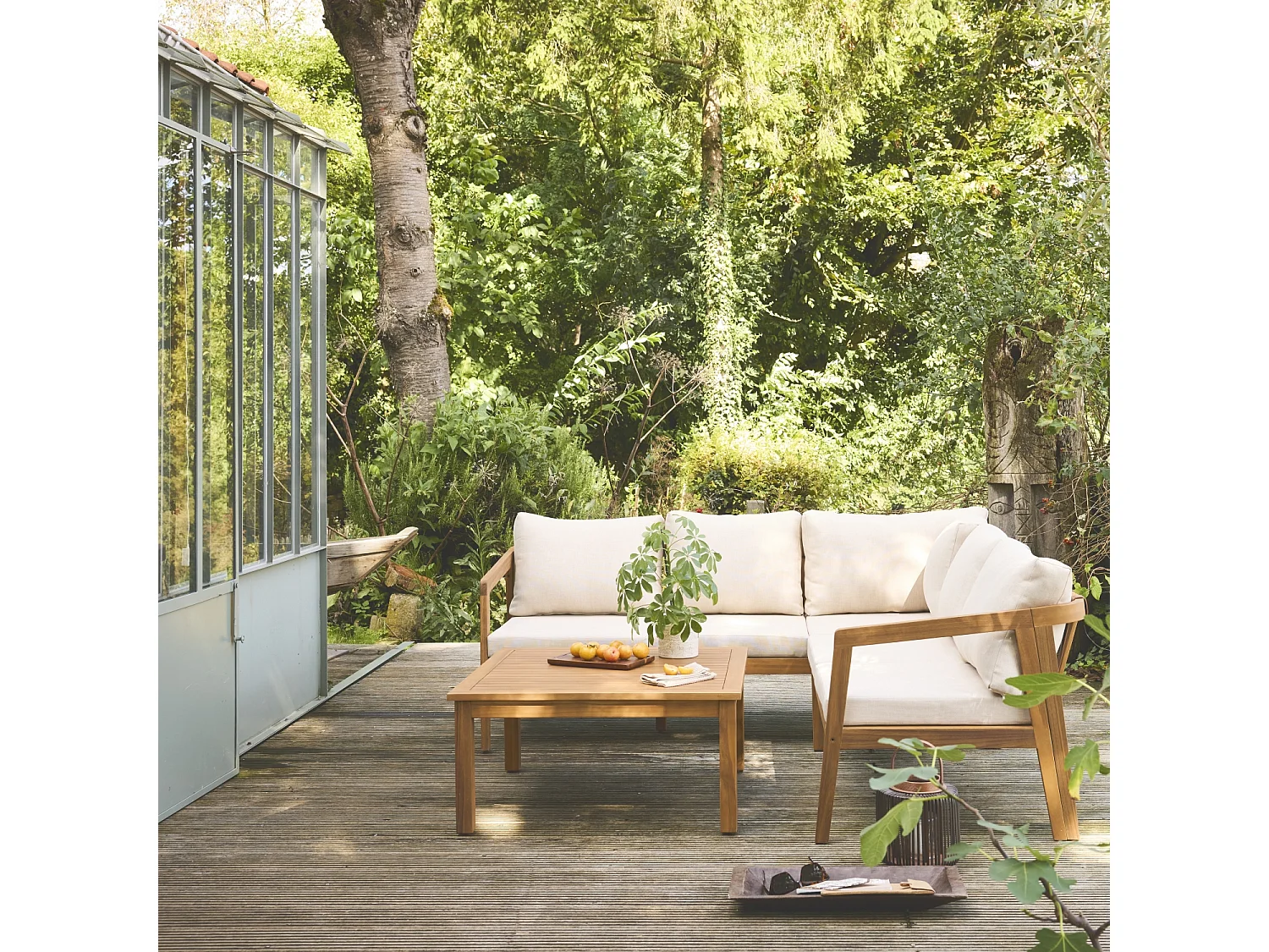 Salotto da giardino angolare in acacia 5 posti, beige