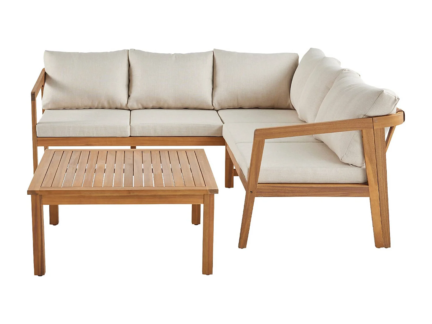 Salon de jardin d'angle beige en acacia 5 places LOBERIA CORNER. table carrée