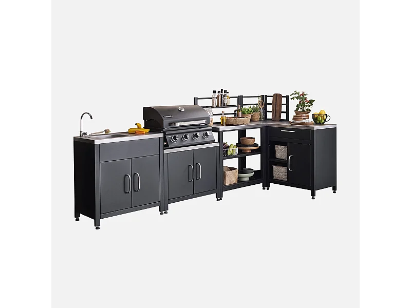 Cucina esterna 5 moduli con barbecue a gas 4 bruciatori, nero