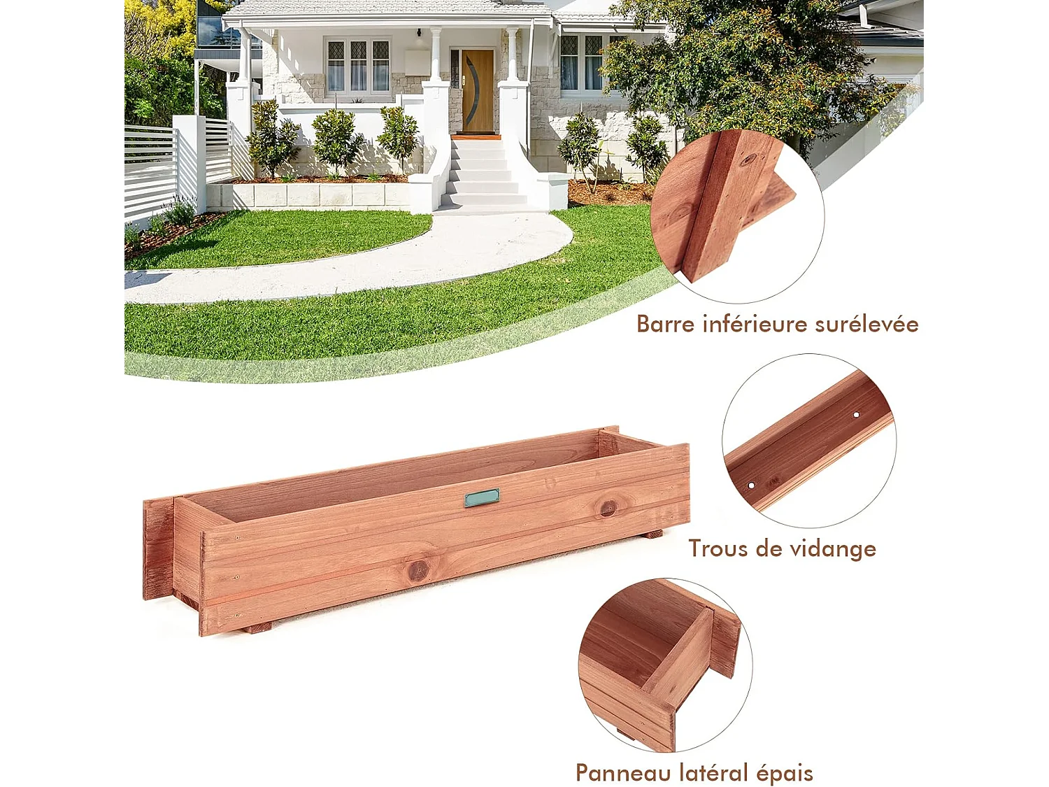 Jardinière Rectangulaire en Bois de SaBois, Lit de Jardin Surélevé Imperméable pour Culture Fruits Légumes, pour Jardin Patio Balcon, 90 x 18 x 15 cm