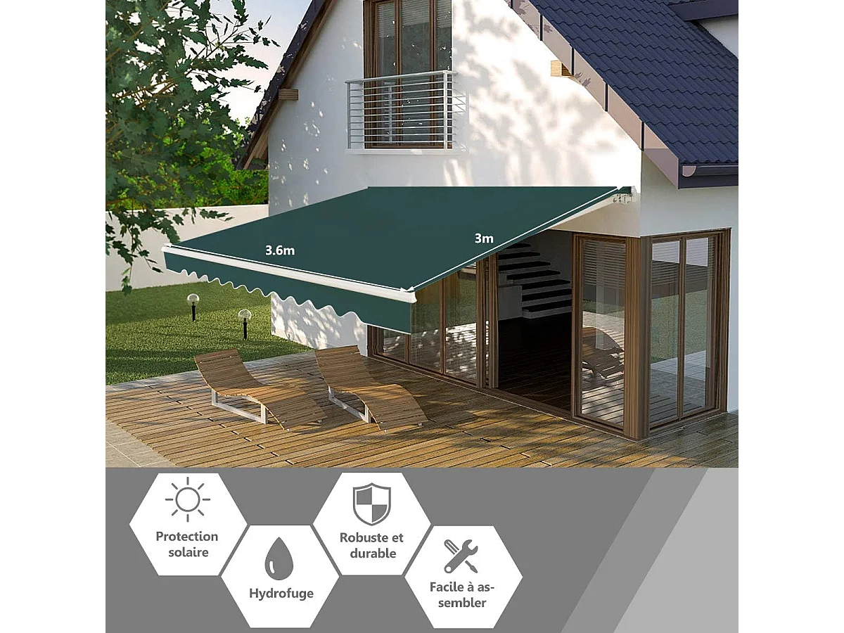 Store Banne de Balcon Rétractable 3,6 X 3M avec Tissu et velours Résistant aux UV et à l'Eau, Cadre en Aluminium Angle Réglable 5-35°