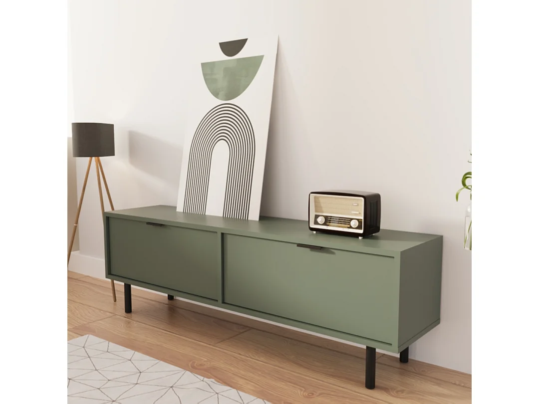 Meuble de télévision WENA, fronts lisses, avec pieds en métal, Aura, 140x30x33 cm, Vert