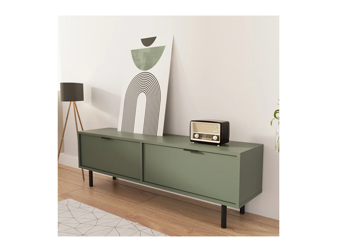 Meuble de télévision WENA, fronts lisses, avec pieds en métal, Aura, 140x30x33 cm, Vert