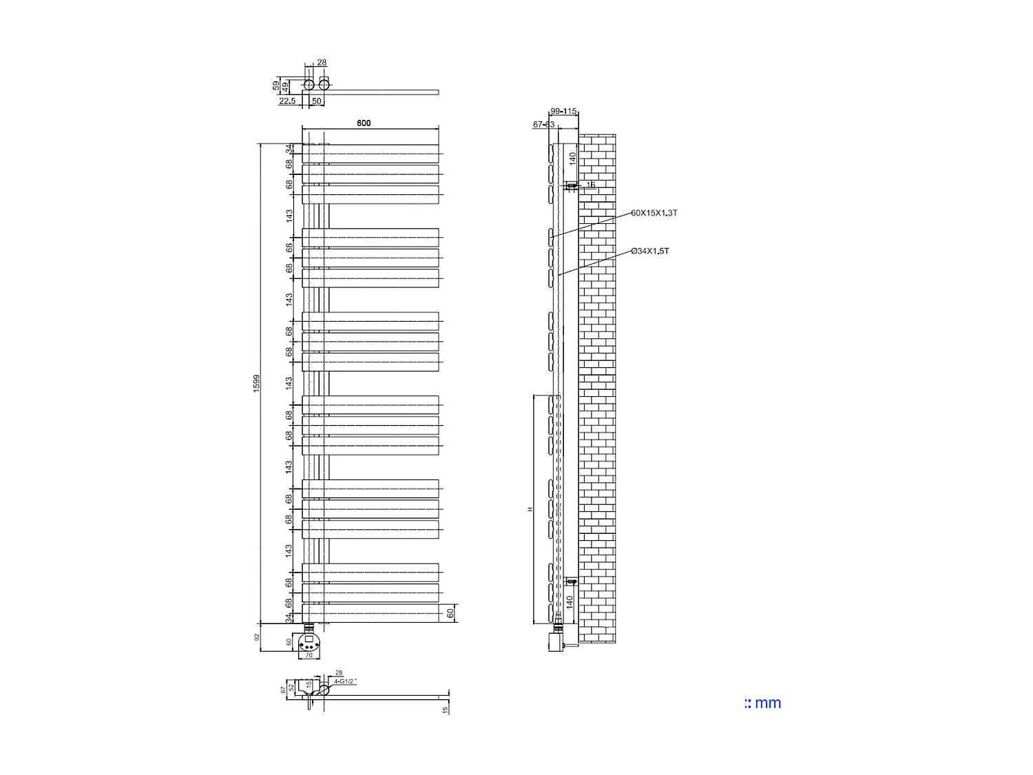 EMKE Elektrischer Handtuchheizkörper, Heizpaneel mit Thermostat, Heizstab mit Zeitschaltuhr, Weiß 1599x600 mm, 1000W