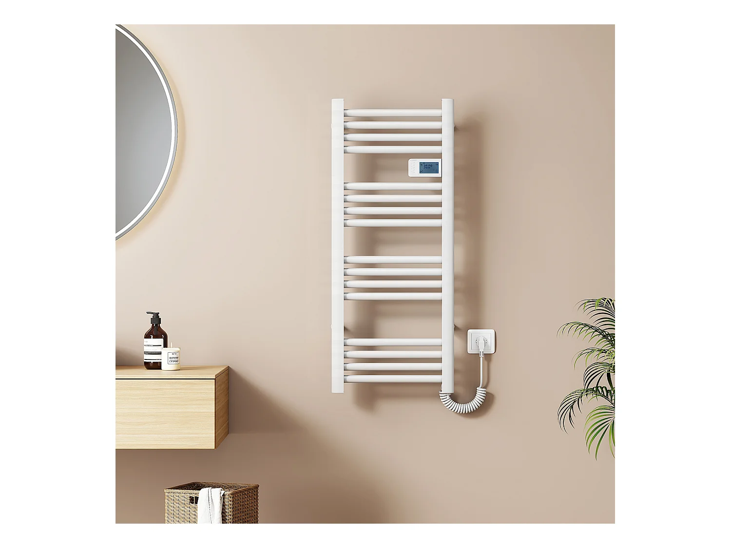 EMKE Sèche-Serviettes Électrique 960 x 400 mm, Porte-serviettes de salle de bain électrique avec interrupteur tactile et minuterie, Blanc, 300W