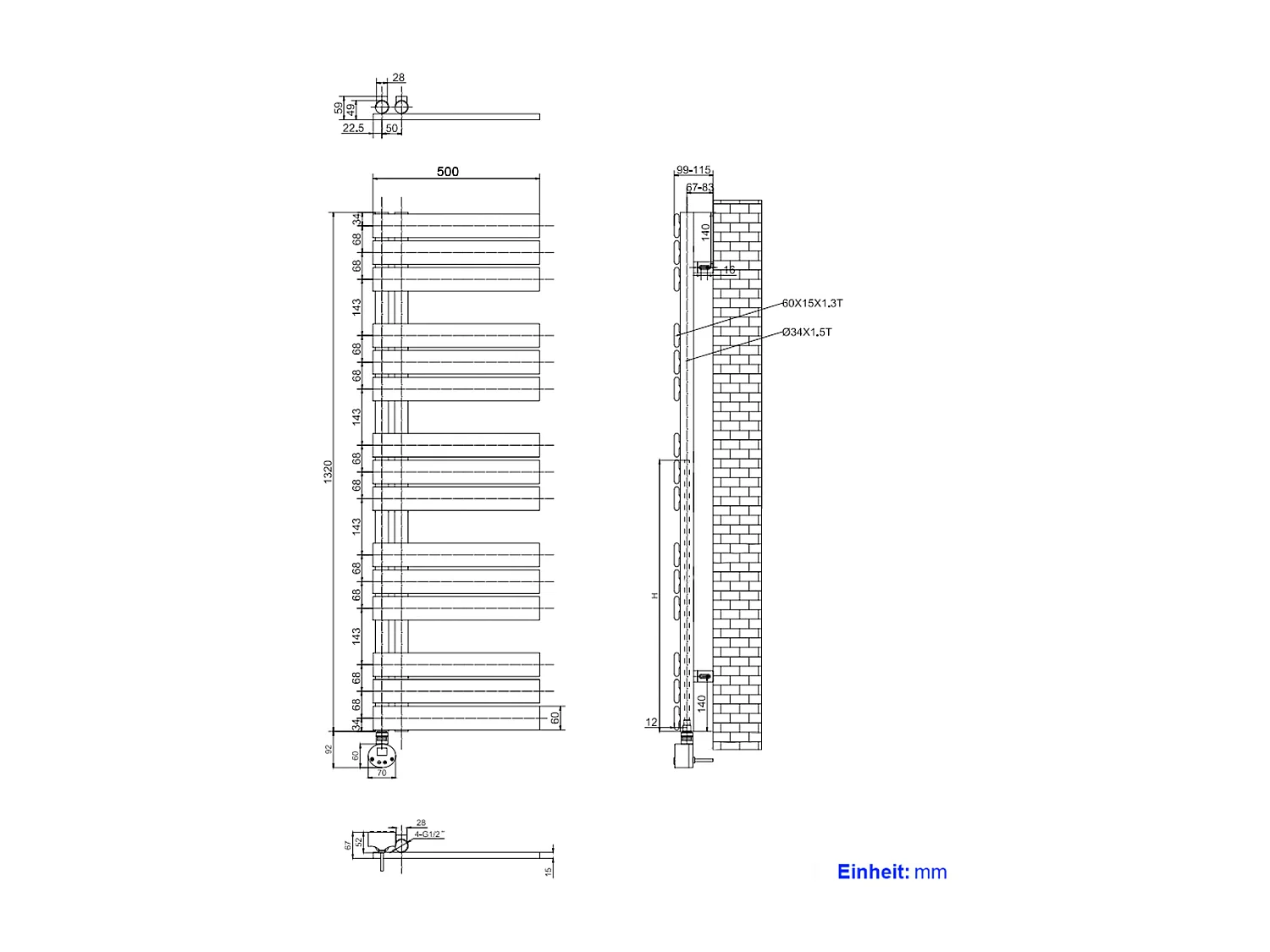 EMKE Elektrische Handdoekradiator - Glanzend Wit - 132x50 cm - 800W - Badkamer Radiator