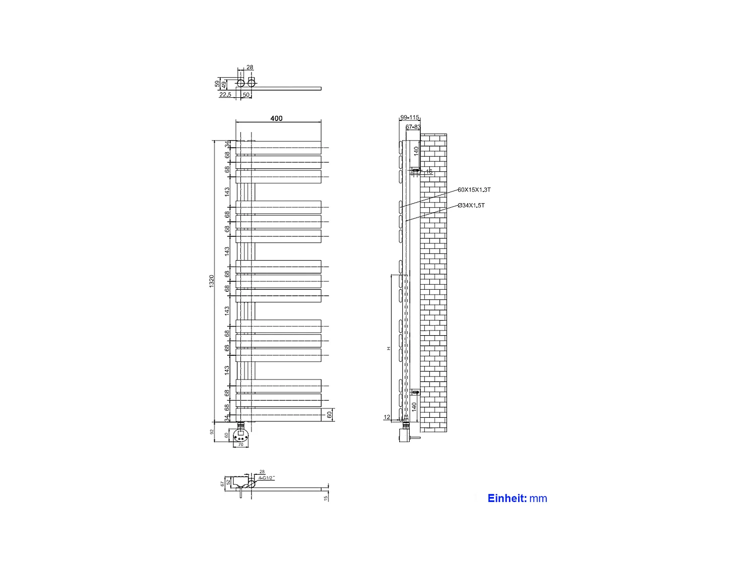 EMKE Sèche-Serviettes Électrique Panneau avec élément chauffant thermostat, baguette chauffante avec minuterie, Blanc 1320x400mm 600W