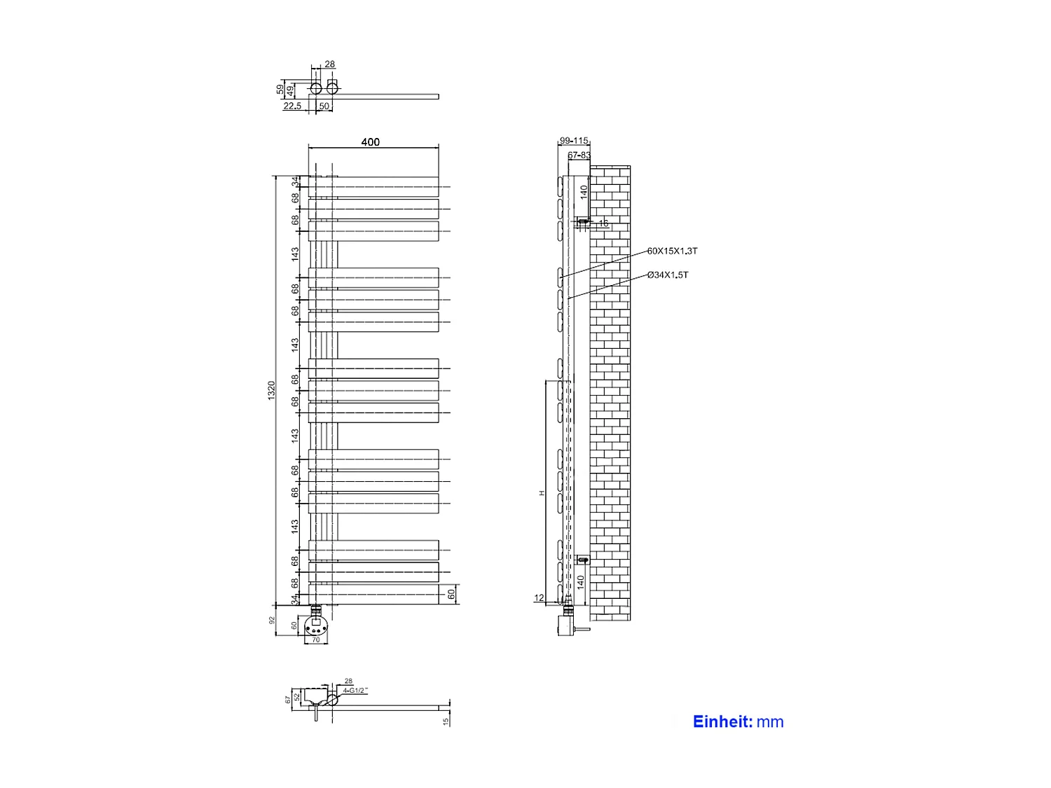 EMKE Elektrische Handdoekradiator - Glanzend Wit - 132x40 cm - 600W - Badkamer Radiator