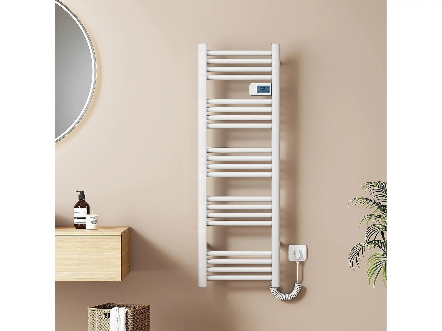 EMKE Sèche-Serviettes Électrique 1200 x 400 mm, Porte-serviettes de salle de bain électrique avec interrupteur tactile et minuterie, Blanc, 450W