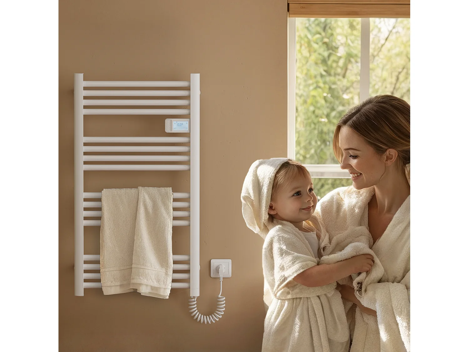EMKE Sèche-Serviettes Électrique 1200 x 400 mm, Porte-serviettes de salle de bain électrique avec interrupteur tactile et minuterie, Blanc, 450W