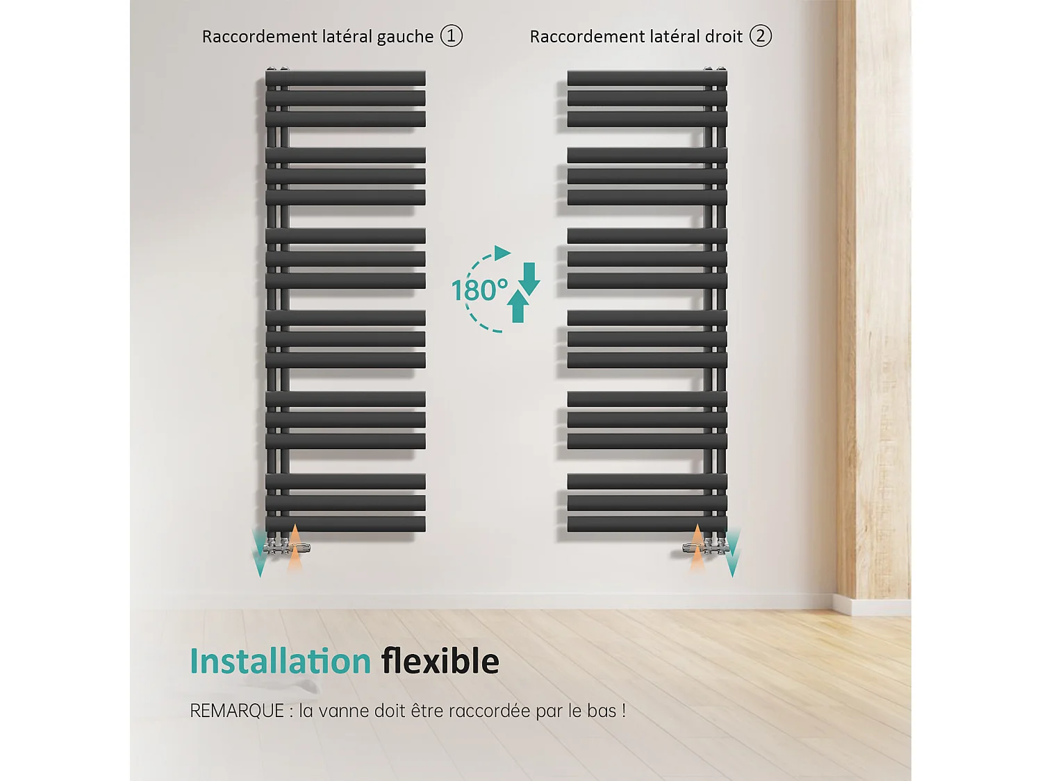 Sèche-serviette eau chaude EMKE raccord latéral radiateur sèche-serviettes anthracite 174 × 60 cm 408 watts