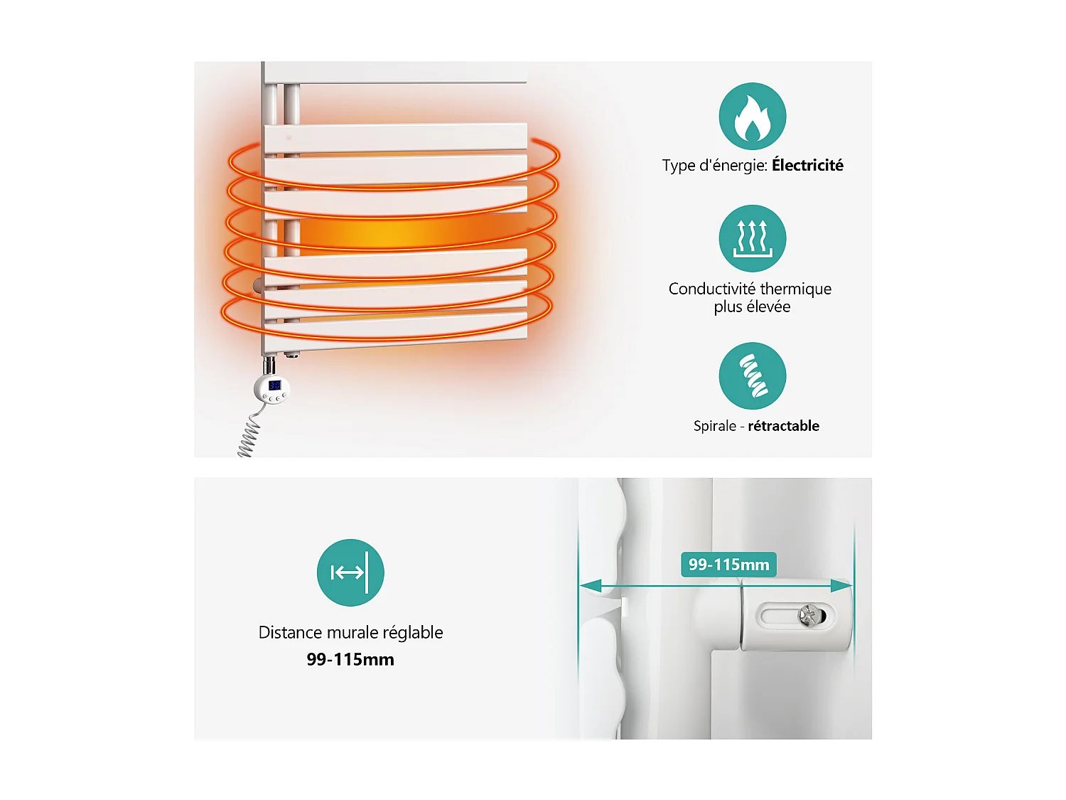 EMKE Scaldasalviette elettrico H.76,2 × L.40 cm con elemento riscaldante termostatato, Termoarredo elettrico con timer 400 W bianco