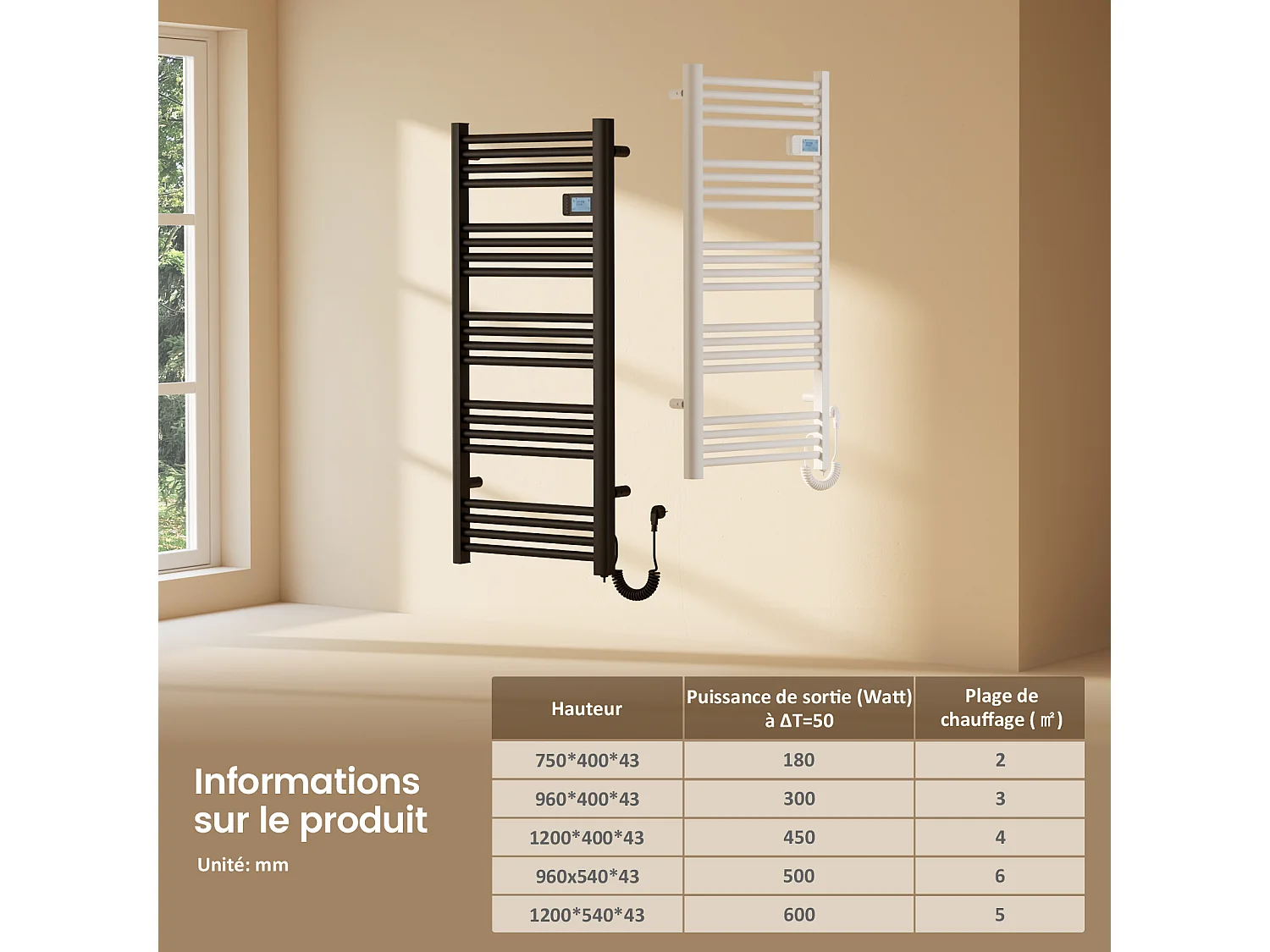 EMKE Sèche-Serviettes Électrique 1200 x 400 mm, Porte-serviettes de salle de bain électrique avec interrupteur tactile et minuterie, Noir, 450W