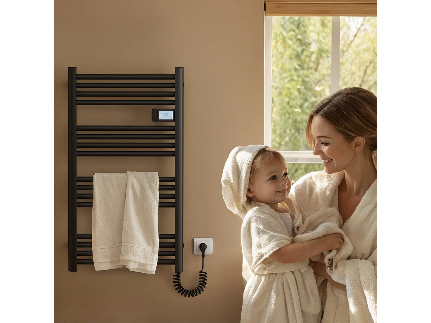 EMKE Sèche-Serviettes Électrique 960 x 400 mm, Porte-serviettes de salle de bain électrique avec interrupteur tactile et minuterie, Noir, 300W