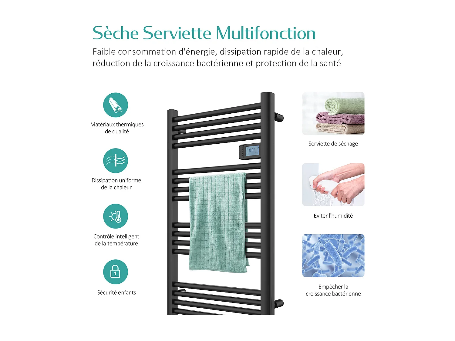 EMKE Sèche-serviette électrique Aluminium Commande tactile Température réglable - 960 x 540 mm Noir 500W