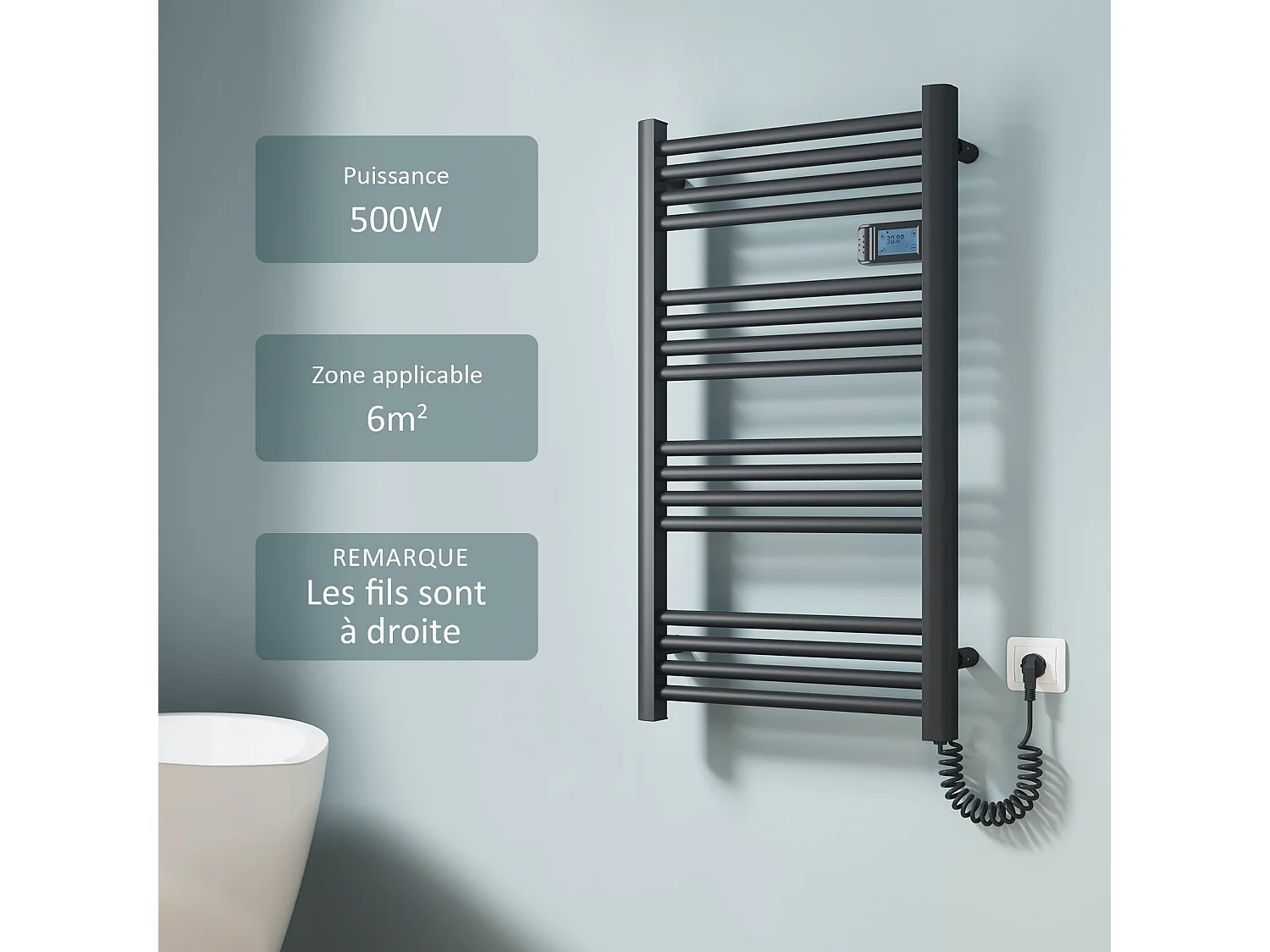 EMKE Sèche-serviette électrique Aluminium Commande tactile Température réglable - 960 x 540 mm Noir 500W