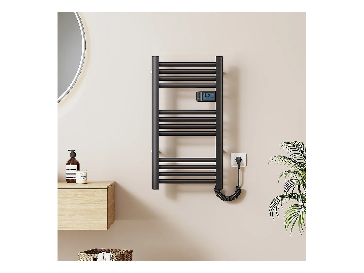 Scaldasalviette elettrico EMKE 750 x 400 mm, con interruttore tattile e timer, nero, 180W