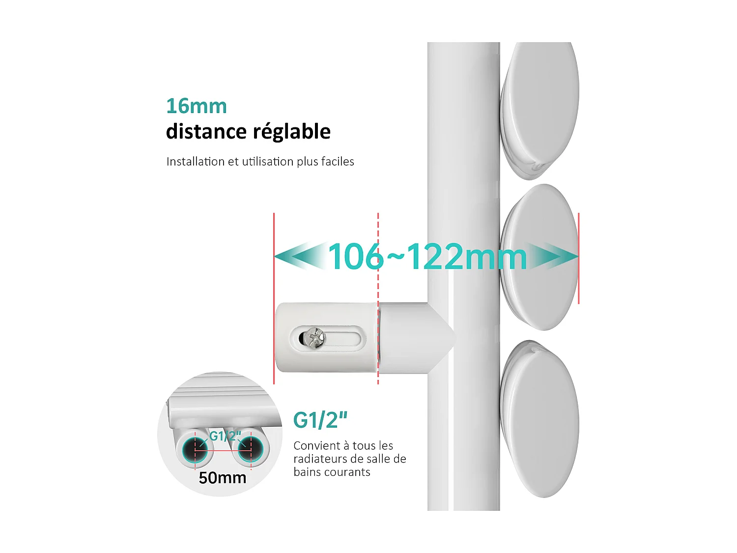 Sèche-serviette eau chaude EMKE raccord latéral radiateur sèche-serviettes blanc 174 × 60 cm 782 watts