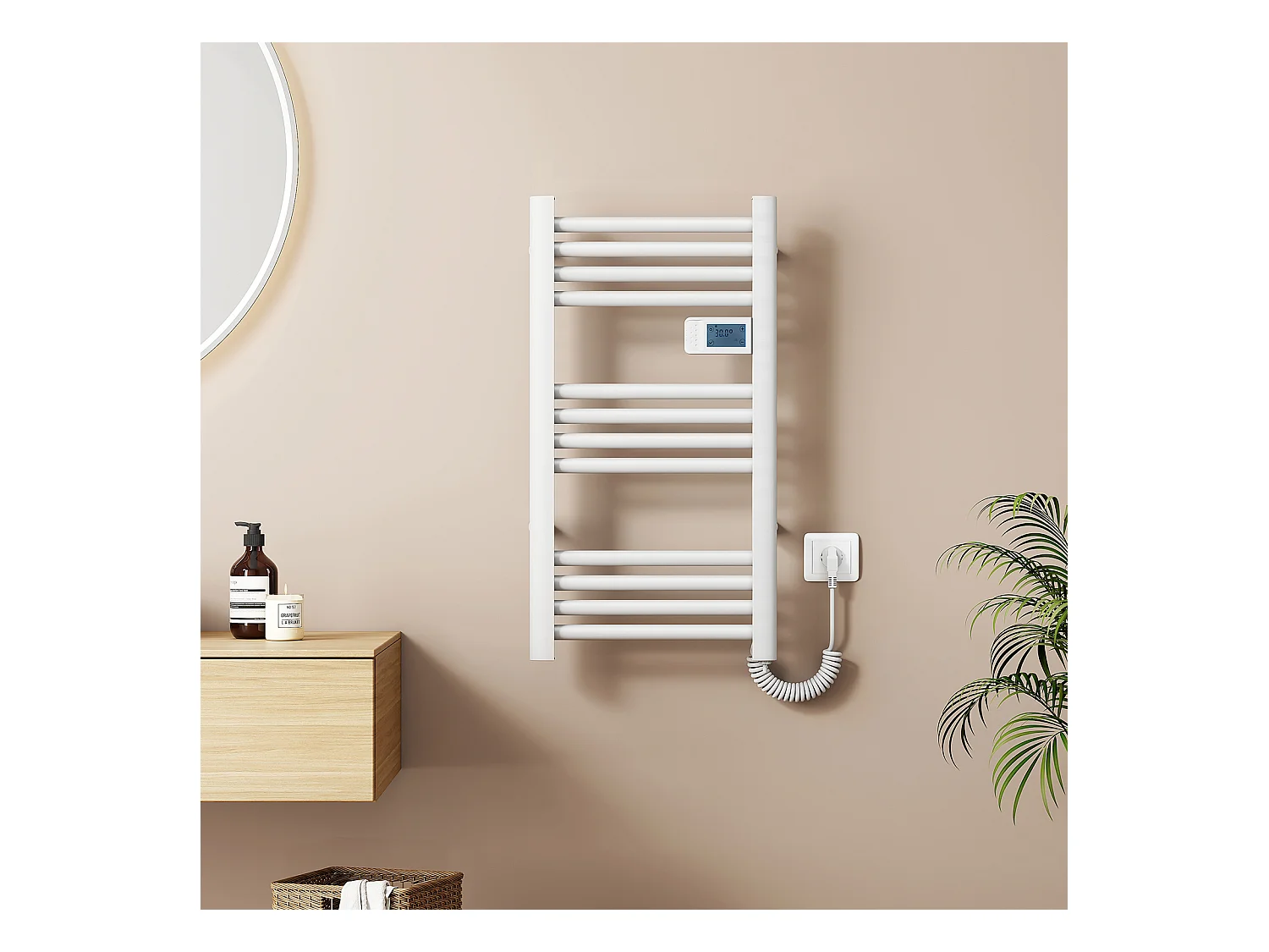 EMKE Sèche-Serviettes Électrique 750 x 400 mm, Porte-serviettes de salle de bain électrique avec interrupteur tactile et minuterie, Blanc, 180W