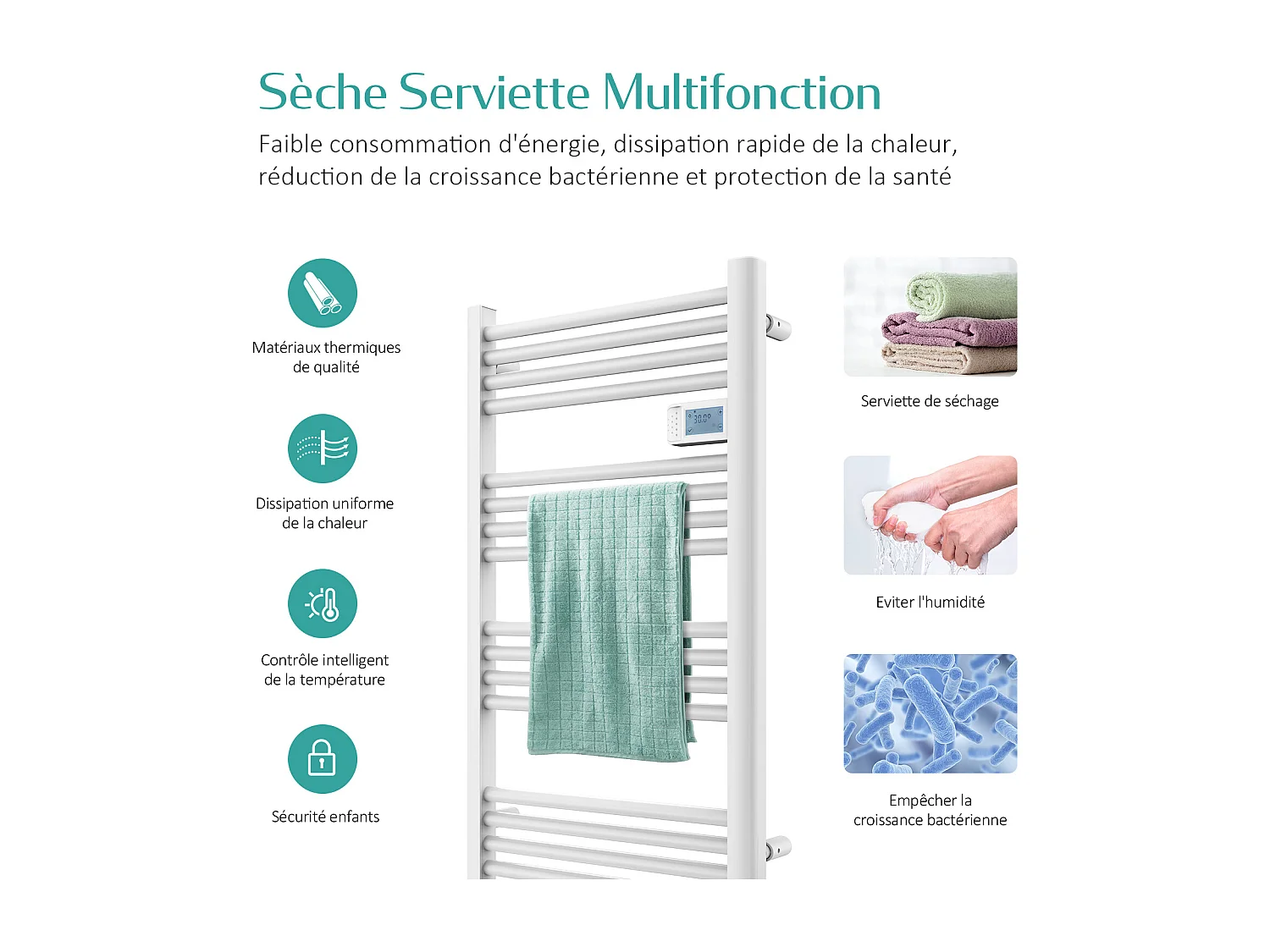 EMKE Sèche-serviette électrique Aluminium Commande tactile Température réglable - 960 x 540 mm Blanc 500W