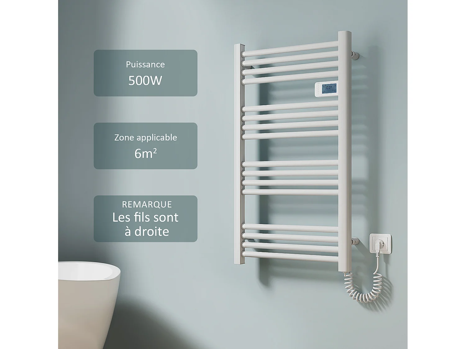 EMKE Sèche-serviette électrique Aluminium Commande tactile Température réglable - 960 x 540 mm Blanc 500W