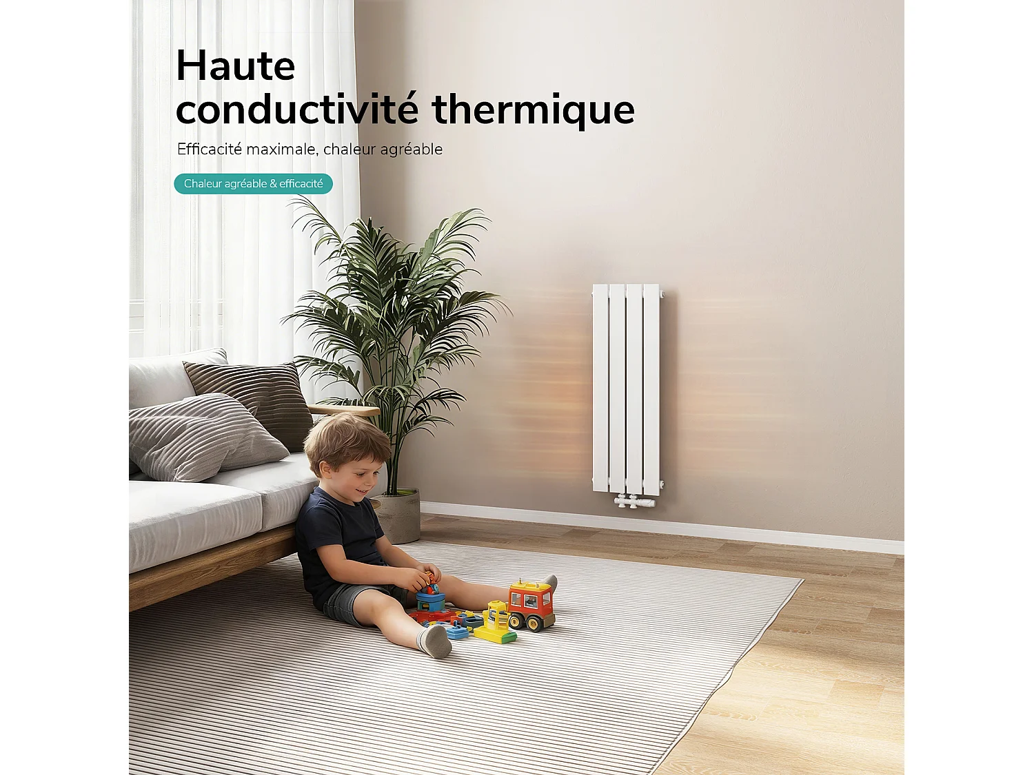 EMKE Zentralheizkörper 90 x 30 cm 297W, schmaler vertikaler Warmwasserheizkörper aus weißem Stahl
