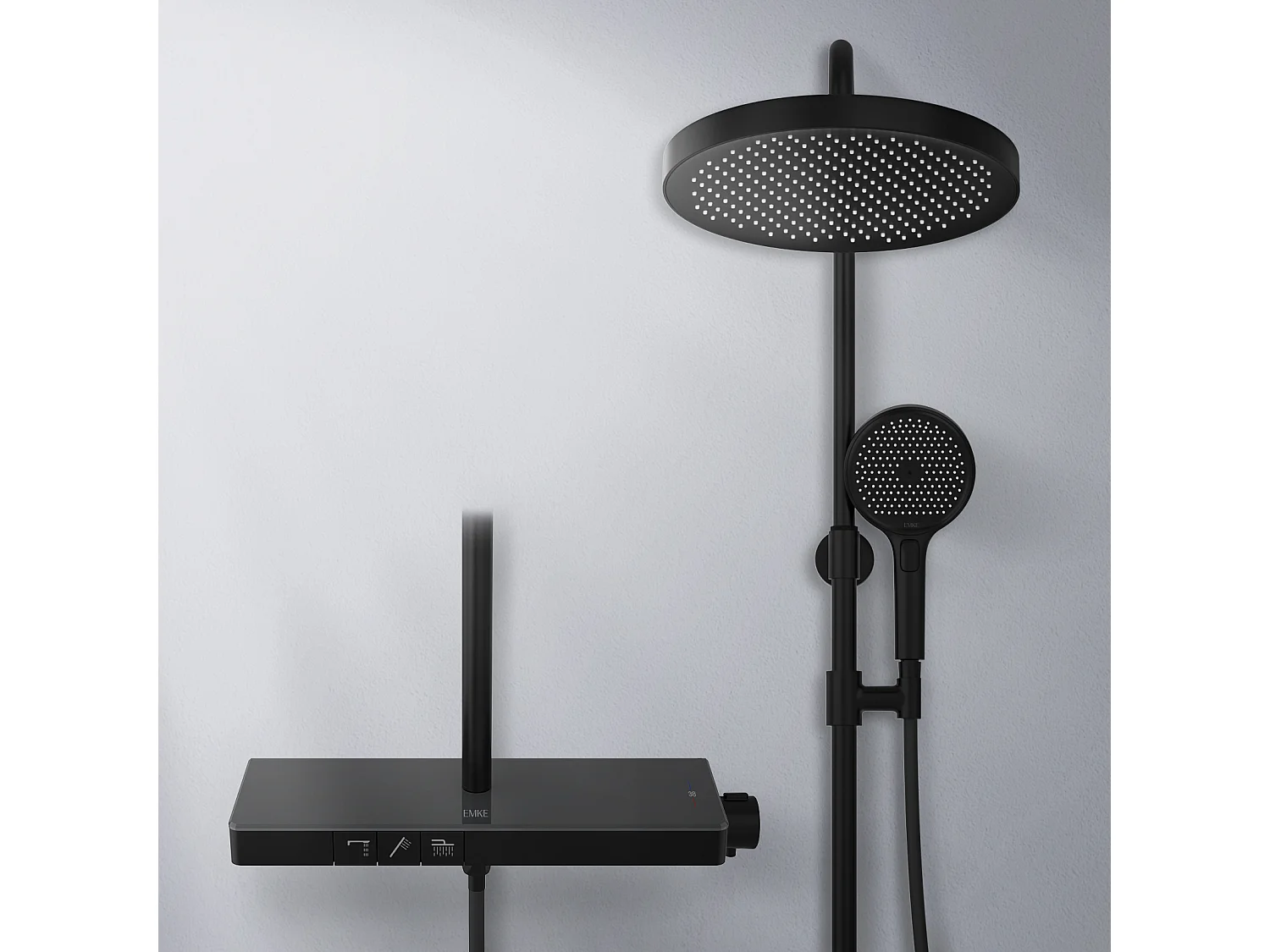 EMKE Thermostat-Duschsäule mit 38°C, große Kopfbrause und Multimode-Handbrause, Kreisform, Schwarz