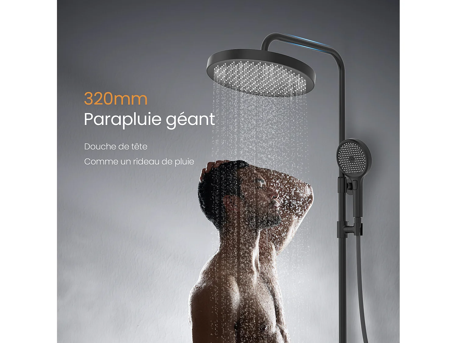 EMKE Colonne de Douche avec douche theramostat 38 °C à Grande douche de tête et douchette multimode, Cercle, noir