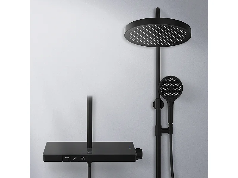 EMKE Thermostat-Duschsäule mit 38°C, große Kopfbrause und Multimode-Handbrause, Kreisform, Schwarz