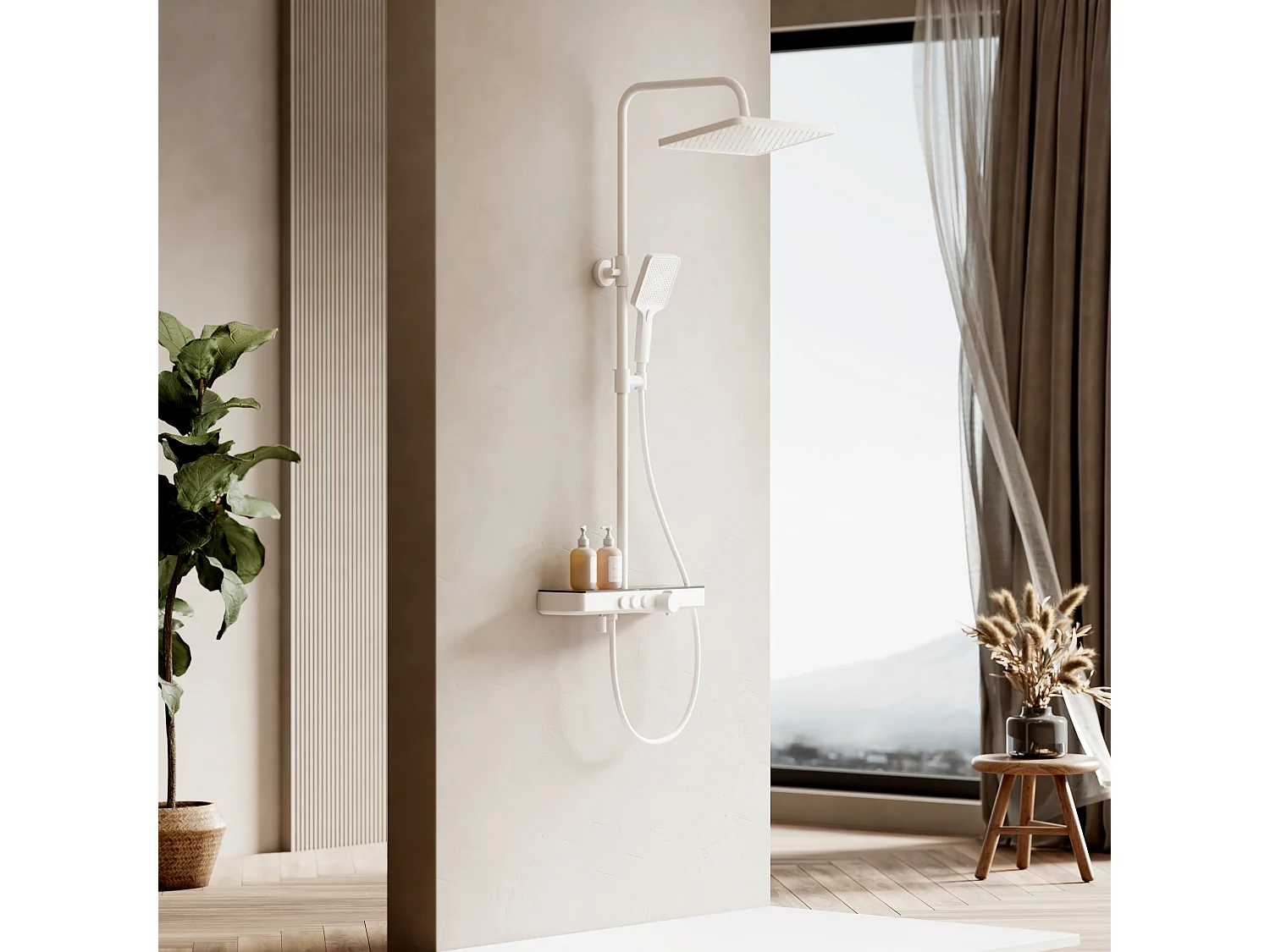 EMKE Colonne de douche Thermostat, 45 x 13 cm étagères en verre, 3 types de jets, douche à effet pluie, Certification KTW, Blanc