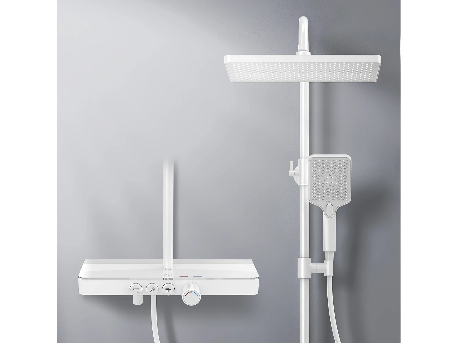 EMKE Colonne de douche Thermostat, 45 x 13 cm étagères en verre, 3 types de jets, douche à effet pluie, Certification KTW, Blanc