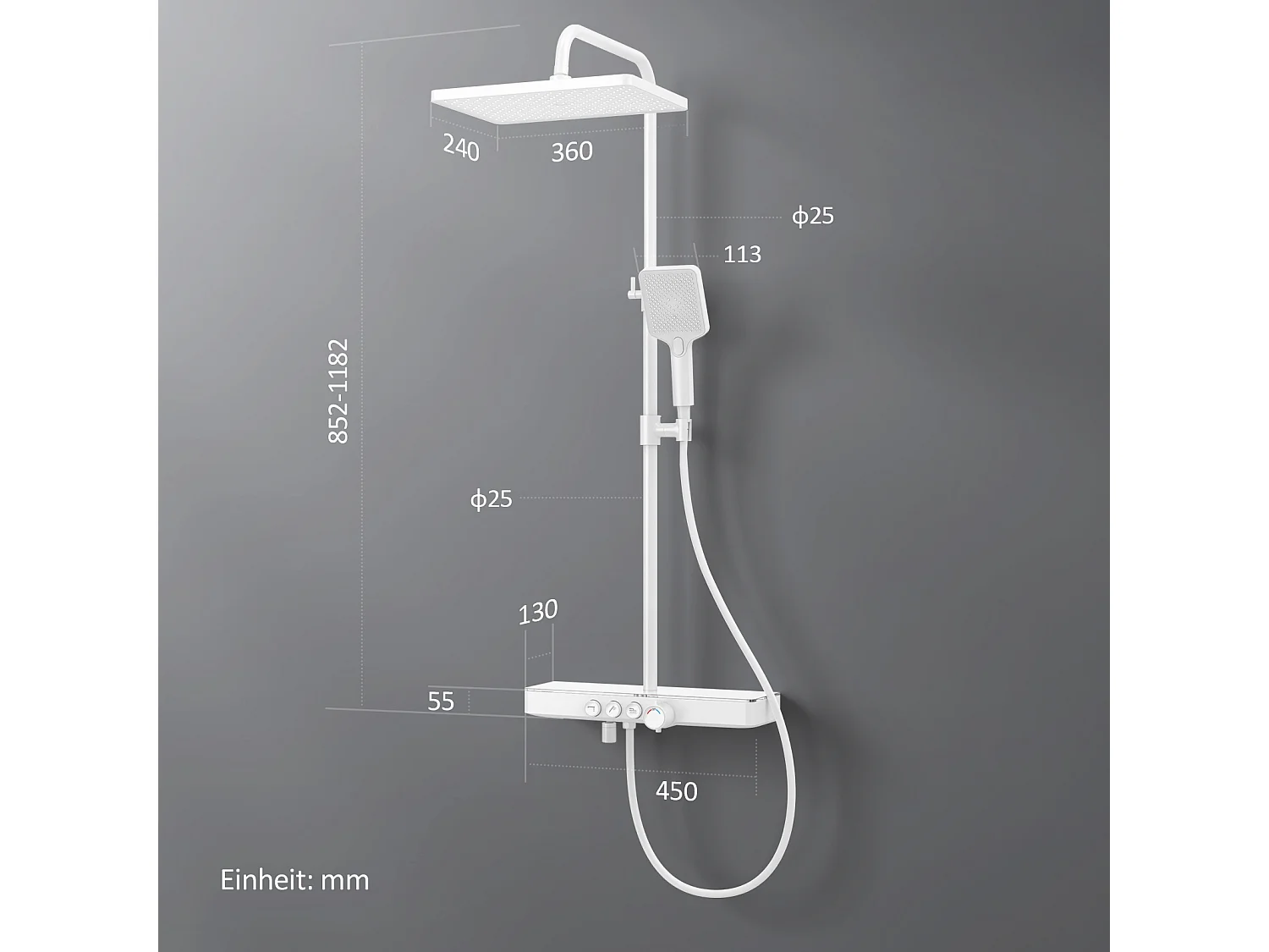 EMKE Colonne de douche Thermostat, 45 x 13 cm étagères en verre, 3 types de jets, douche à effet pluie, Certification KTW, Blanc