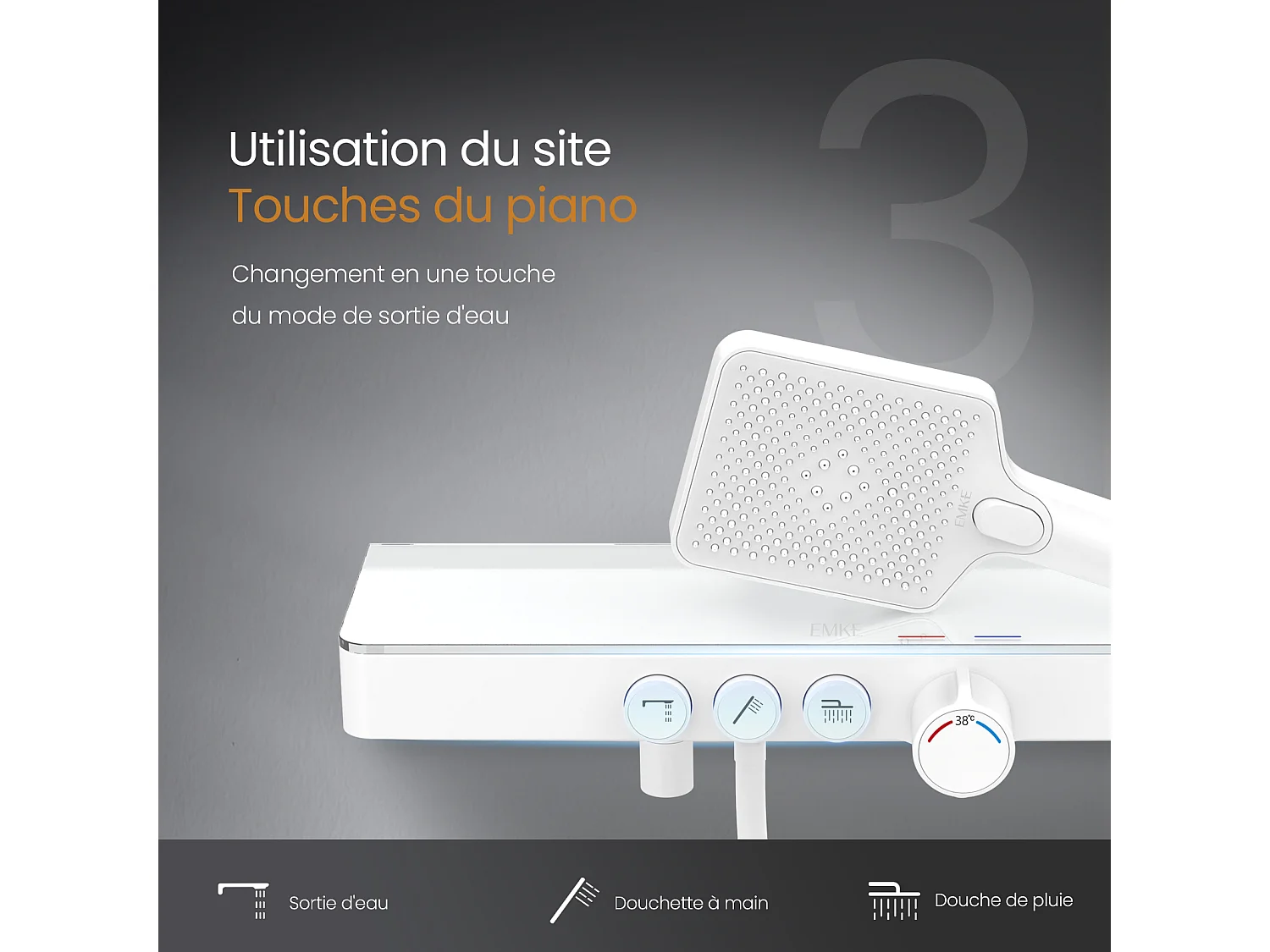 EMKE Colonne de douche Thermostat, 45 x 13 cm étagères en verre, 3 types de jets, douche à effet pluie, Certification KTW, Blanc