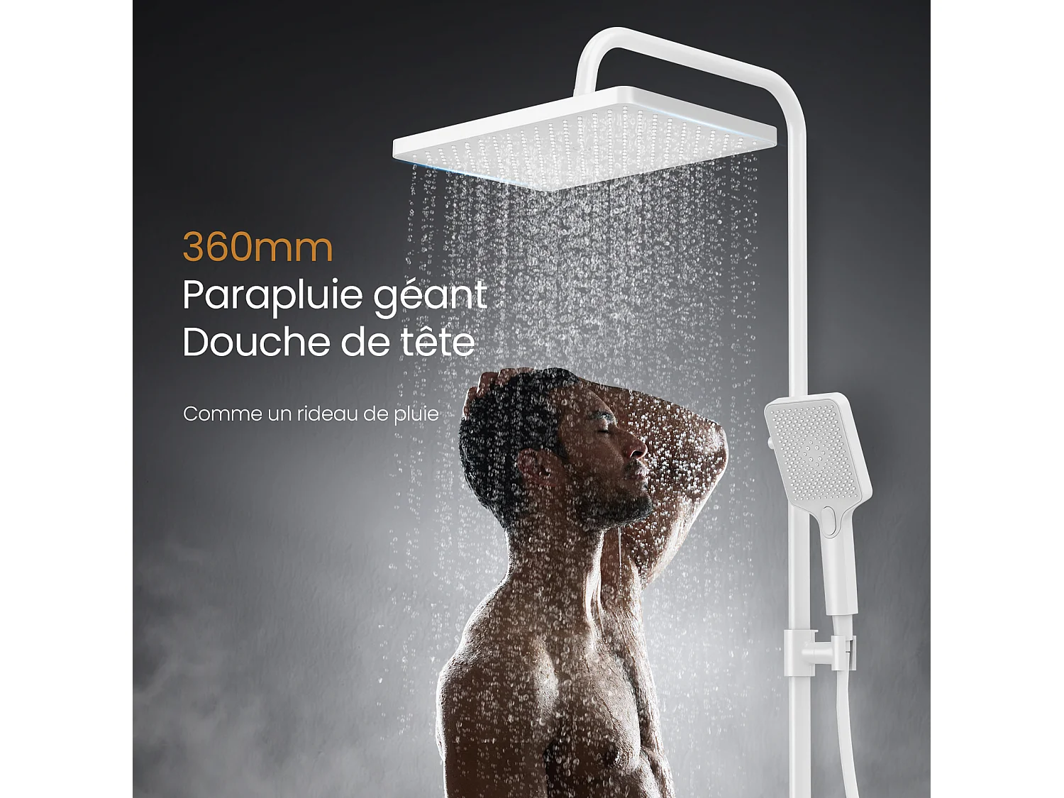EMKE Colonne de douche Thermostat, 45 x 13 cm étagères en verre, 3 types de jets, douche à effet pluie, Certification KTW, Blanc