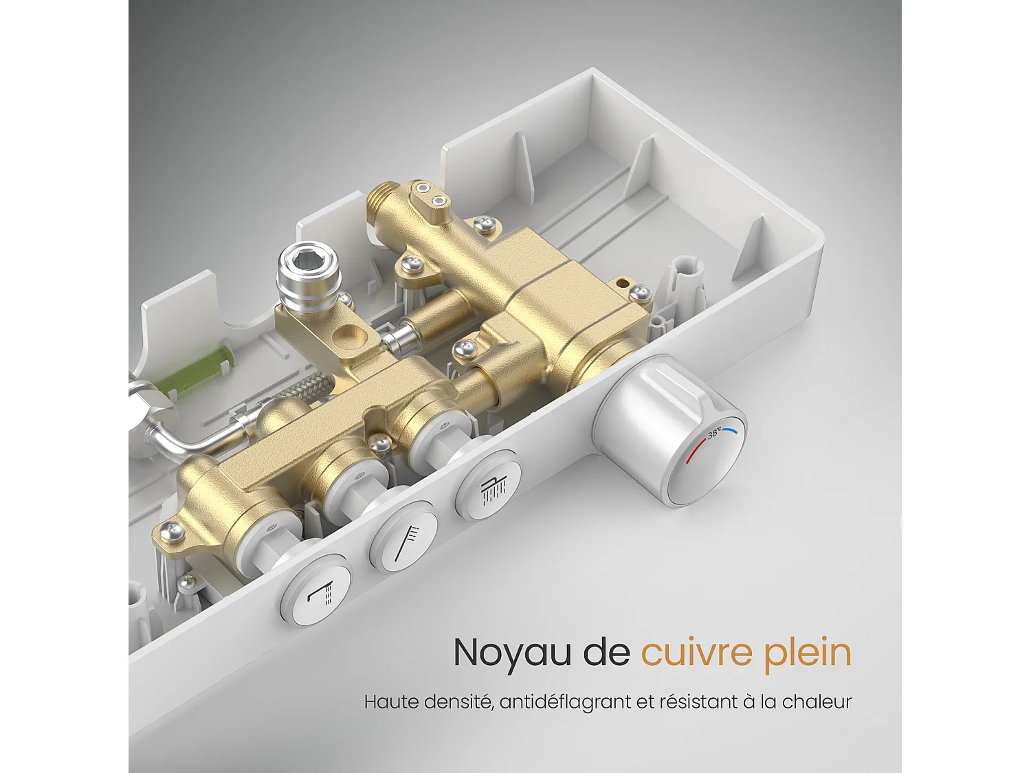 EMKE Colonne de douche Thermostat, 45 x 13 cm étagères en verre, 3 types de jets, douche à effet pluie, Certification KTW, Blanc