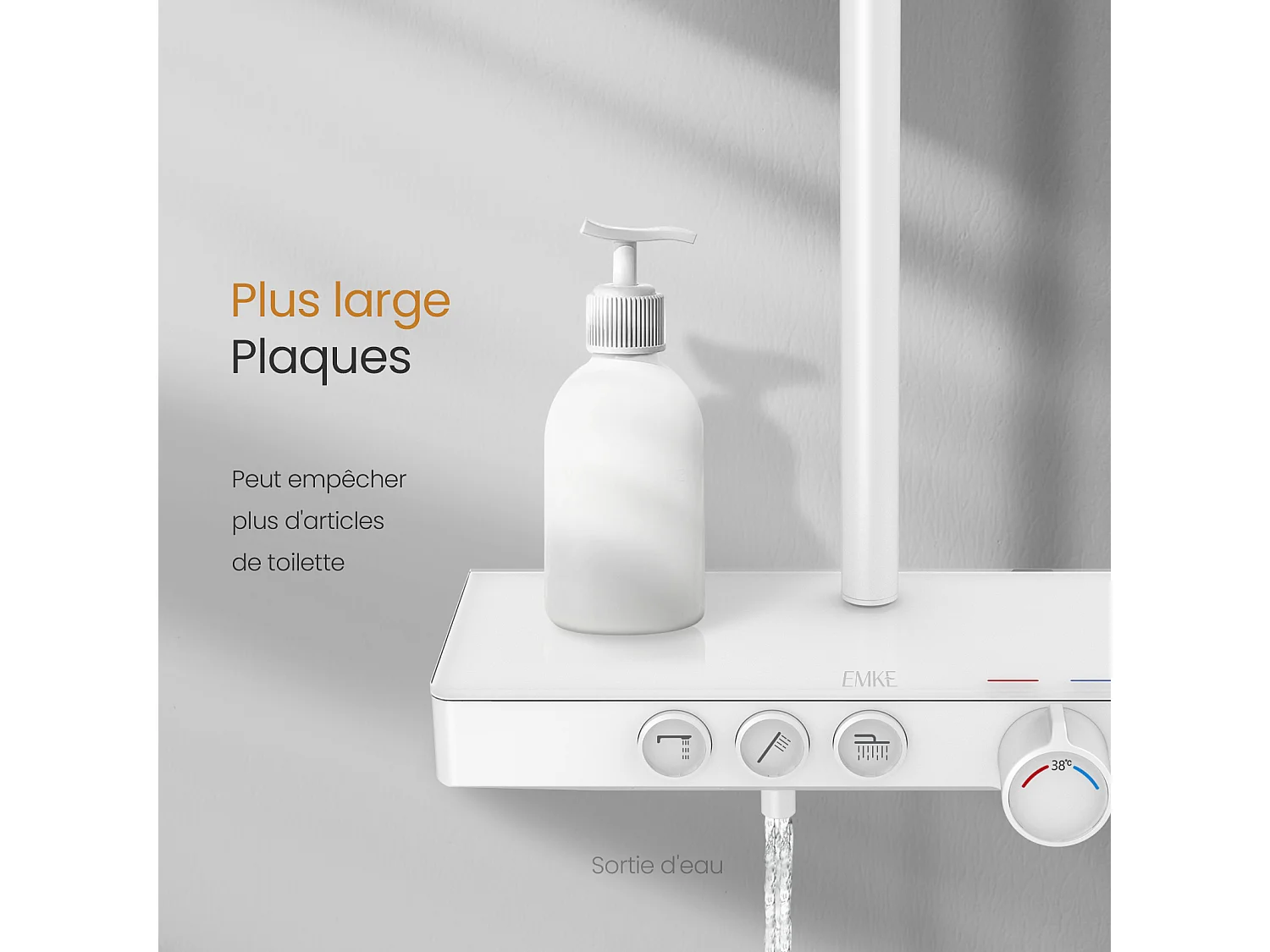 EMKE Colonne de douche Thermostat, 45 x 13 cm étagères en verre, 3 types de jets, douche à effet pluie, Certification KTW, Blanc