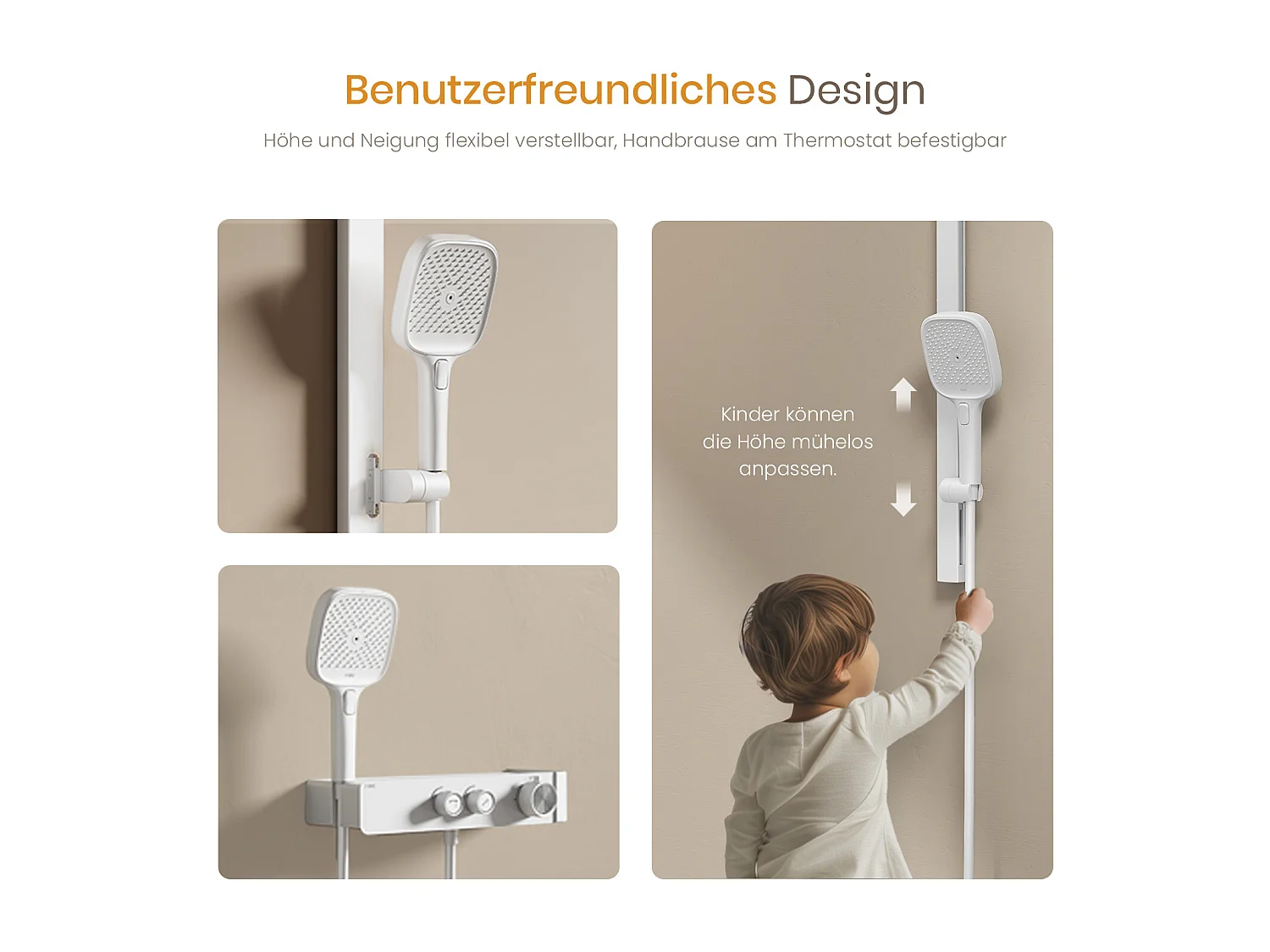 EMKE Thermostatische douchestang – Mat wit, verstelbare waterstroom, gescheiden minimalistisch ontwerp, handdouche met 3 functies, doucheset