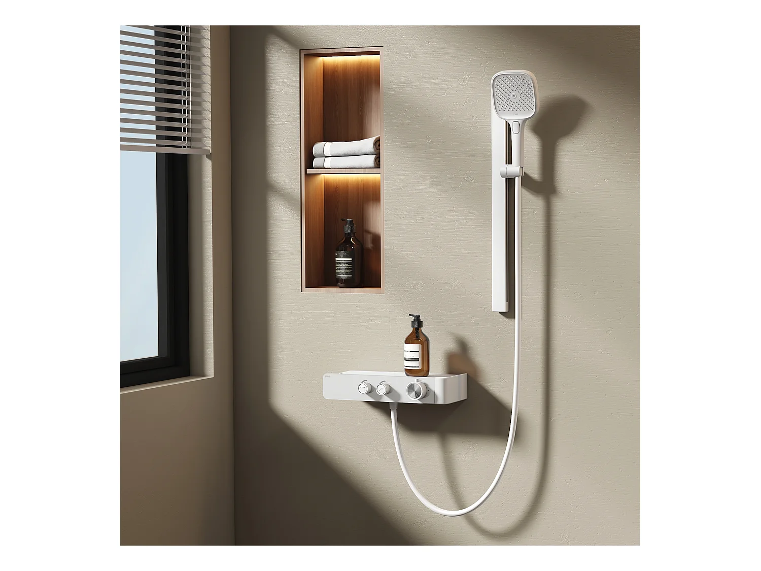 EMKE Colonne de Douche Thermostatique – Blanc Mat, Débit d'Eau Ajustable,Design Minimaliste Séparé, Douchette 3 Fonctions,Kit de Douche