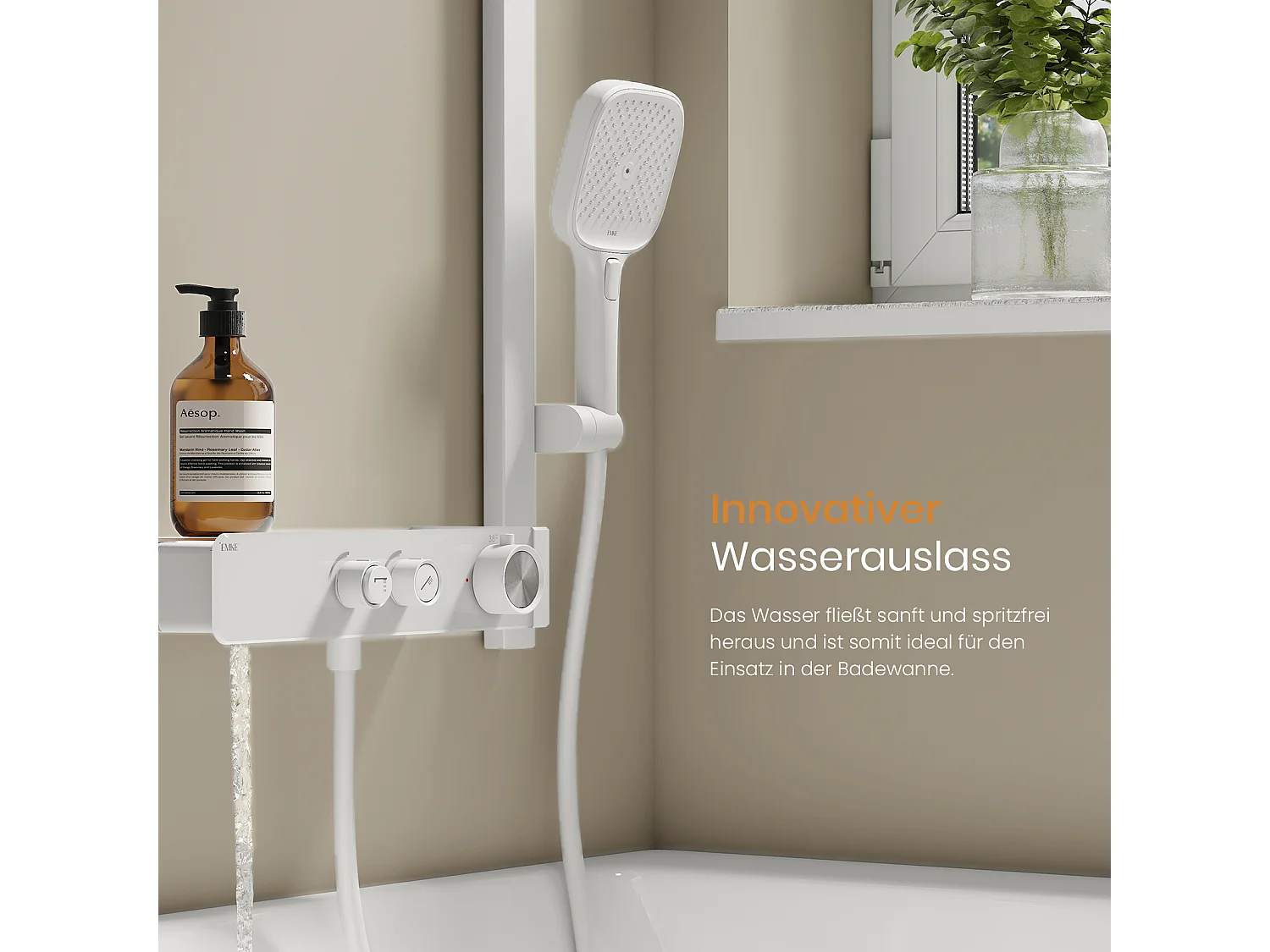 EMKE Thermostatische douchestang – Mat wit, verstelbare waterstroom, gescheiden minimalistisch ontwerp, handdouche met 3 functies, doucheset