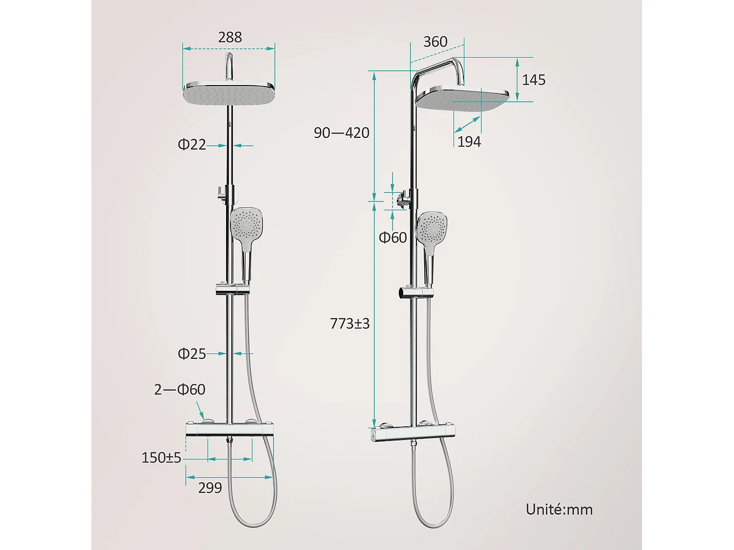 EMKE Colonne de douche thermostatique, Chrome, ensemble de douche avec 38℃ thermostat Douche de pluie et douchette à main, Réglable en Hauteur, Carré