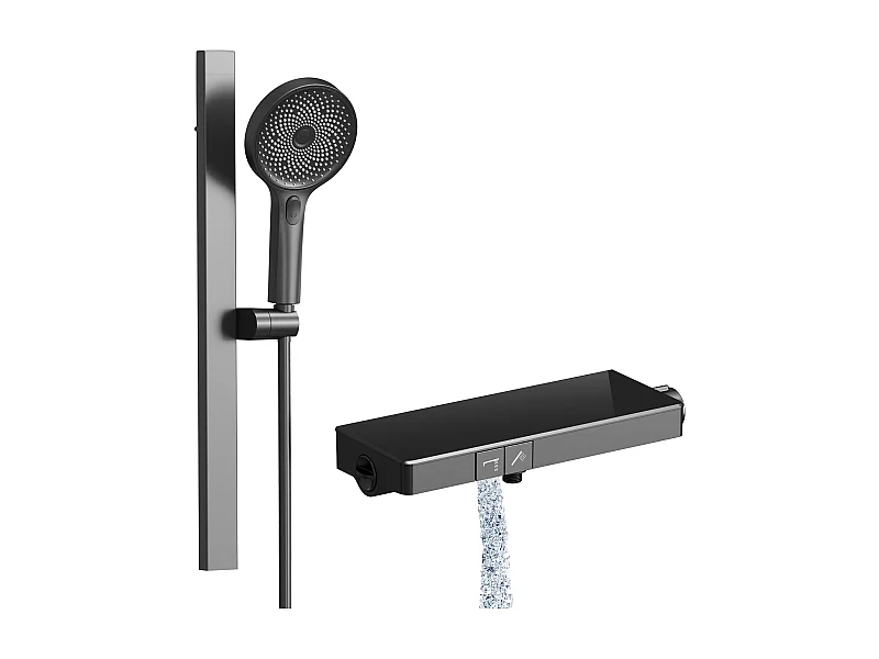 EMKE Thermostat-Duschsäule mit 38°C, große Kopfbrause und Multimode-Handbrause, Kreisform, Anthrazit