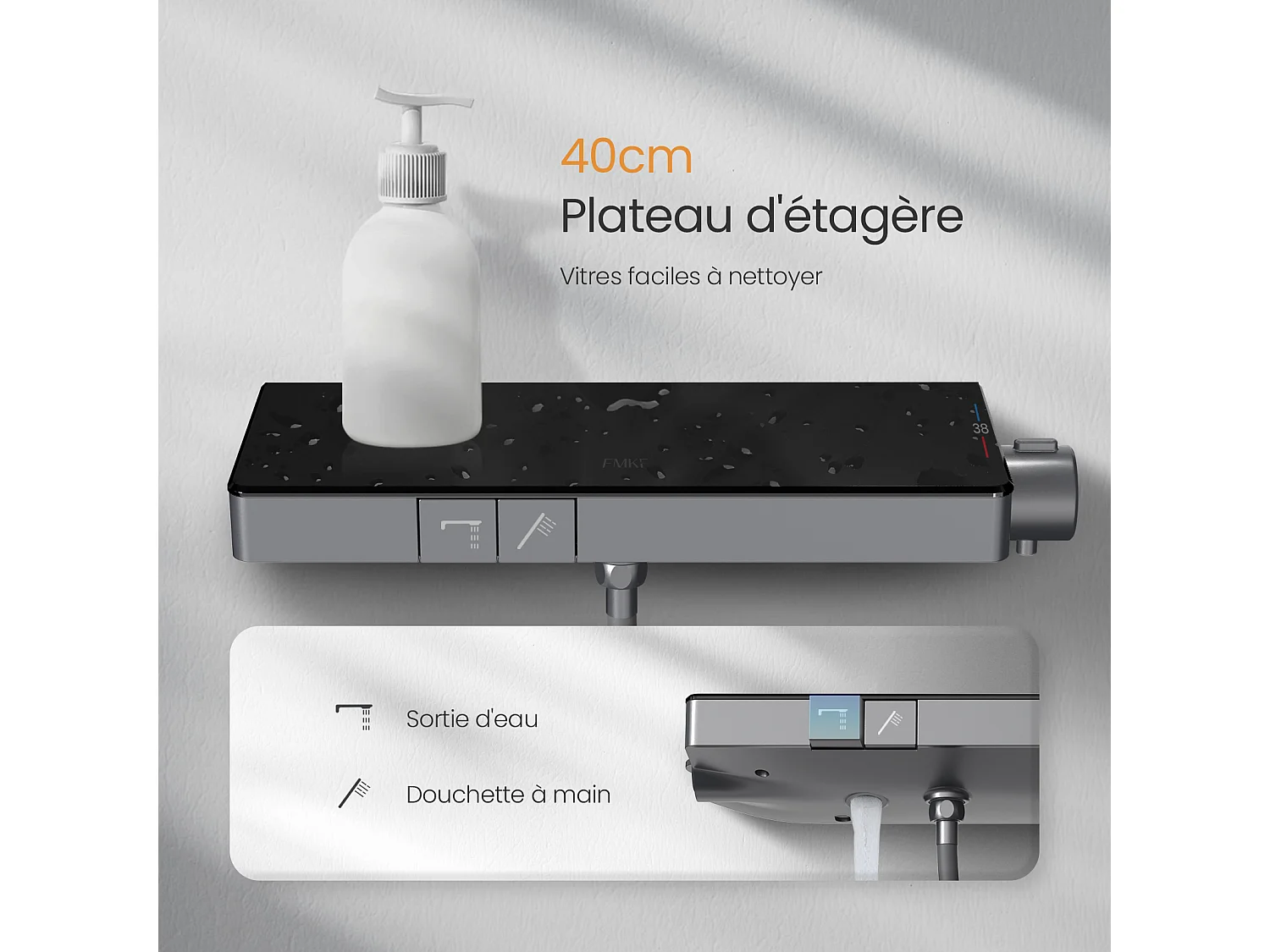 EMKE Colonne de Douche avec douche theramostat 38 °C à Grande douche de tête et douchette multimode, Cercle, anthracite