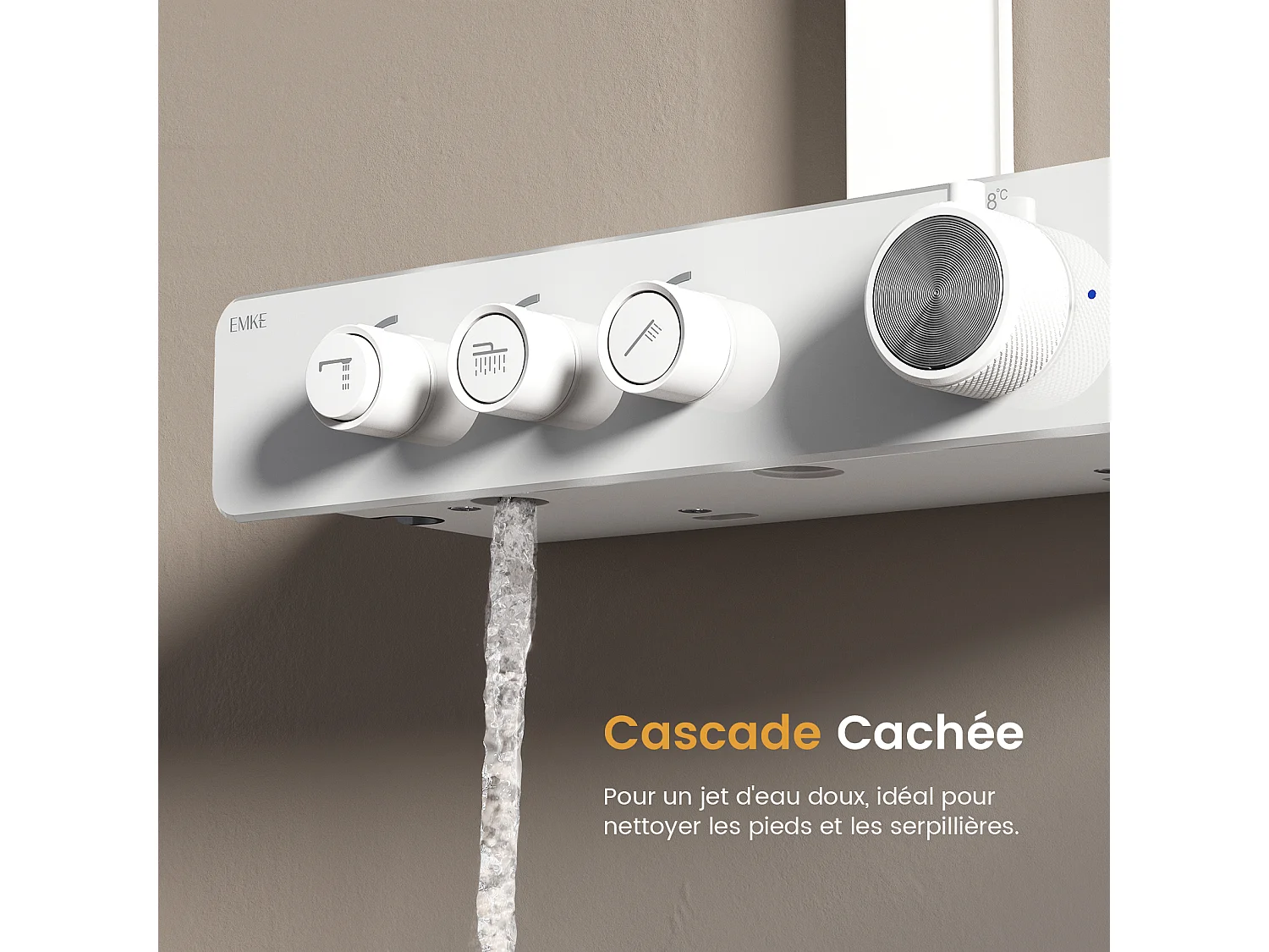 EMKE Thermostatische douchestang – Mat wit, innovatieve doorstroomregeling, regendouche-effect 36x24 cm, handdouche met 3 jets