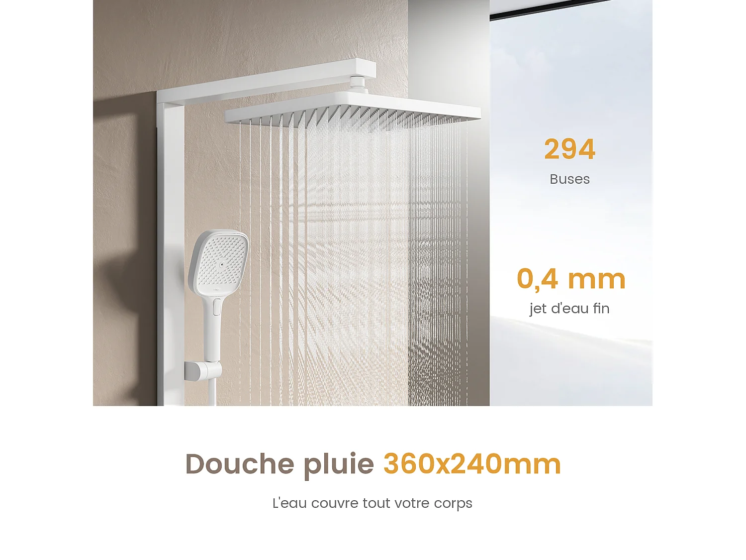 EMKE Thermostatische douchestang – Mat wit, innovatieve doorstroomregeling, regendouche-effect 36x24 cm, handdouche met 3 jets