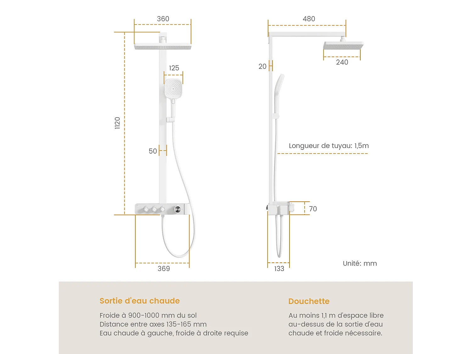 EMKE Thermostatische douchestang – Mat wit, innovatieve doorstroomregeling, regendouche-effect 36x24 cm, handdouche met 3 jets