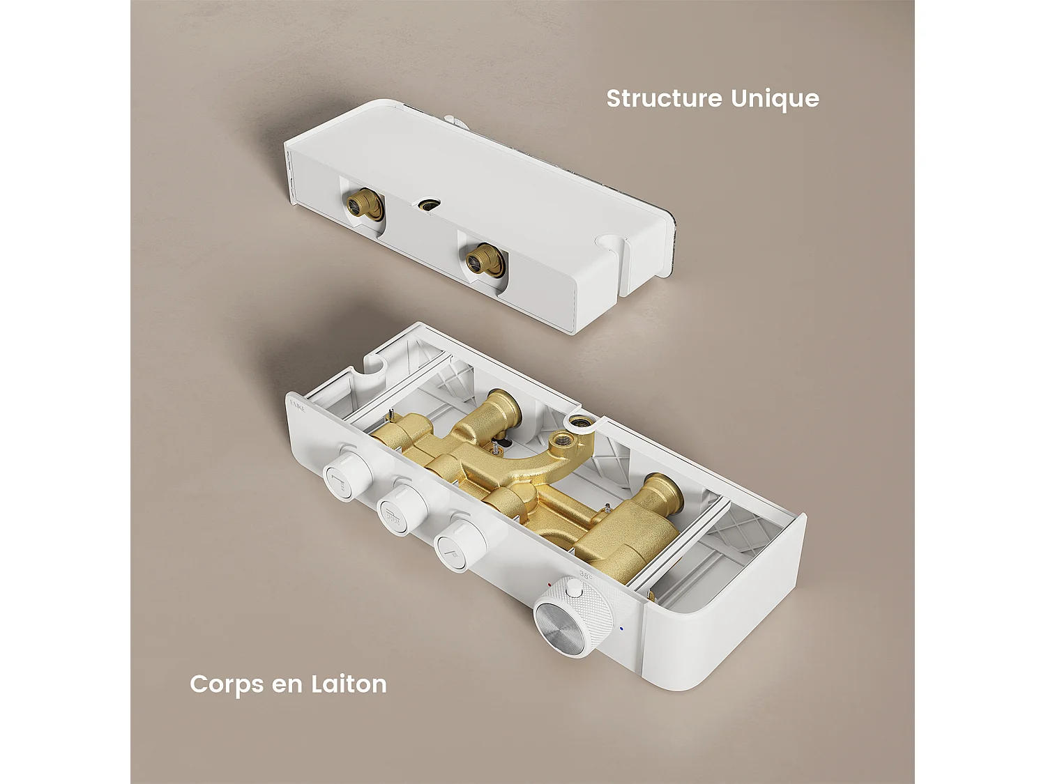 EMKE Thermostatische douchestang – Mat wit, innovatieve doorstroomregeling, regendouche-effect 36x24 cm, handdouche met 3 jets