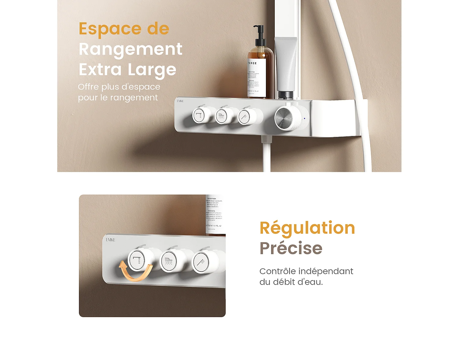 EMKE Thermostatische douchestang – Mat wit, innovatieve doorstroomregeling, regendouche-effect 36x24 cm, handdouche met 3 jets