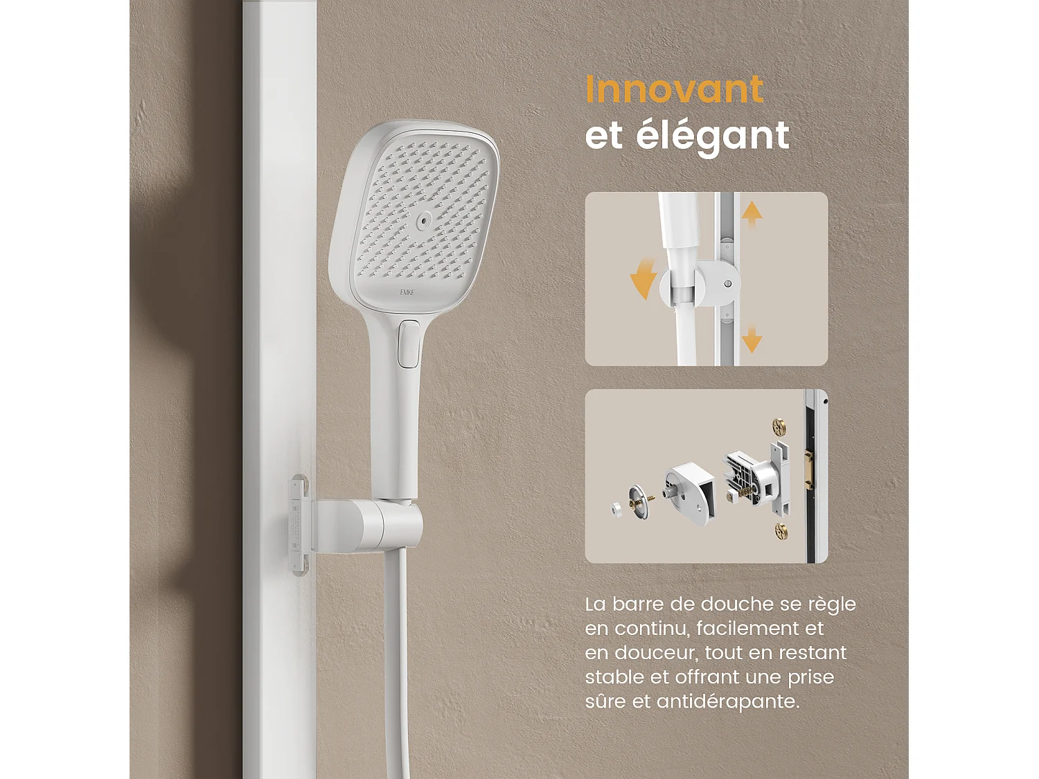 EMKE Thermostatische douchestang – Mat wit, innovatieve doorstroomregeling, regendouche-effect 36x24 cm, handdouche met 3 jets